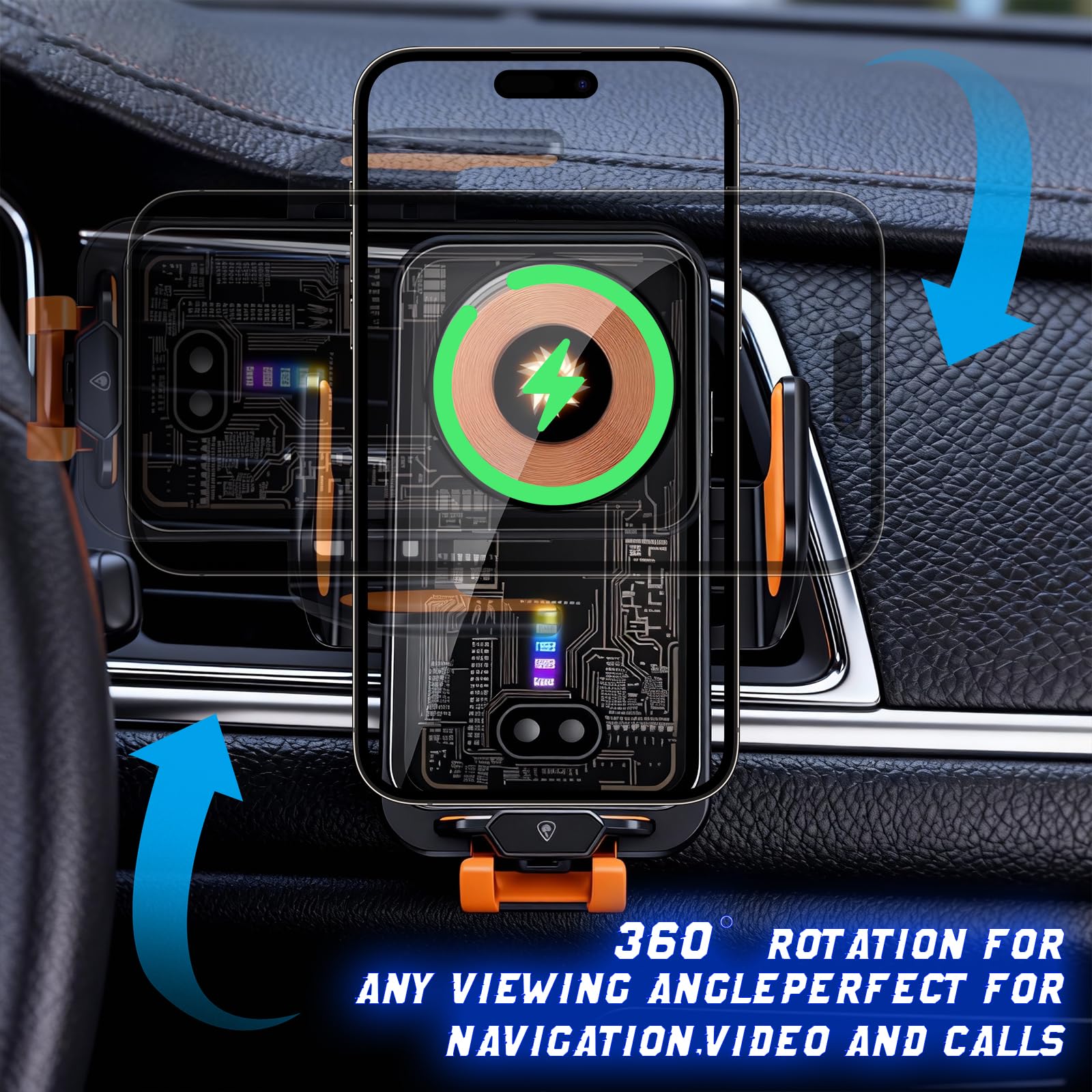 Caricabatterie da auto wireless veloce Supporto per telefono di ricarica wireless per navigazione magnetica per auto Supporto per telefono automatico Smart Sensor Bloccaggio rotante con stazione di