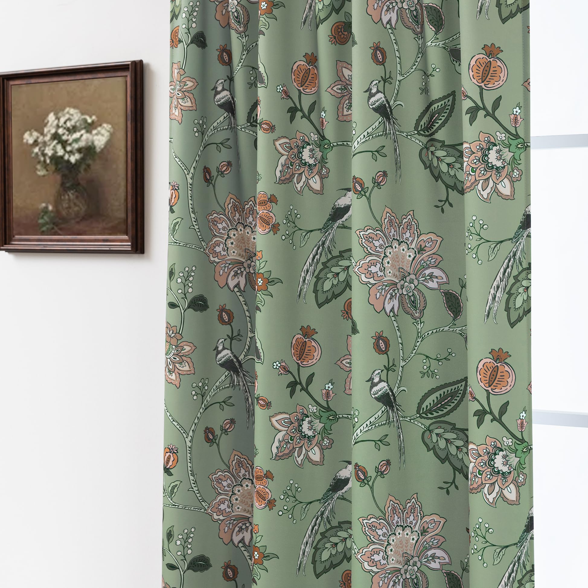 Sage Green Vintage Floral Printed Curtains for Living Room,Farmhouse 70% Blackout Spring White Pink Flower Leaf Pattern Cottagecore Cottage Core Curtains for Bedroom Dining 84 Inch Length 2 Panels Set