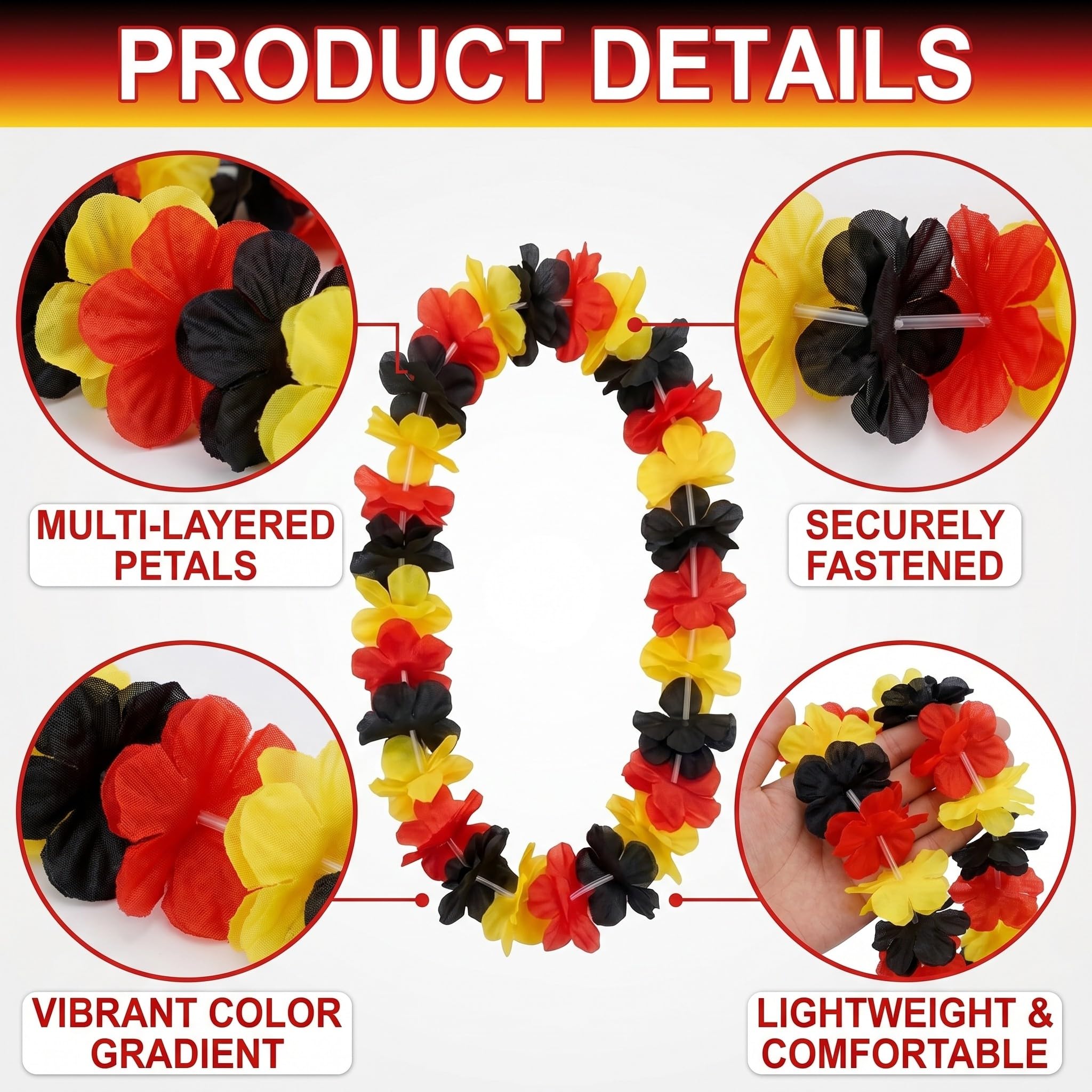 Lot de 3 Sets Collier Hawaien Fleurs Noir Rouge Jaune (12 Pièces), accessoire supporter pour matchs de football, décoration fan de foot pour fêtes, 3 colliers, 3 bandeaux et 6 bracelets