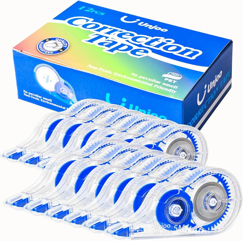 White Correction Tape, For school, Office, 12pack, 5M/196"x0.2",Blue | Easy To Use Applicator for Instant Corrections Wrong Writing At Any Time, Tear-Resistant Correction tape Bulk