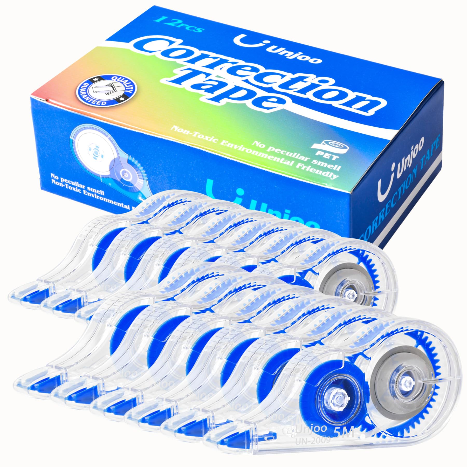 Unjoo Cinta correctora blanca, aplicador fácil de usar para correcciones instantáneas, escritura incorrecta en cualquier momento, para la escuela, la oficina (paquete de 12, 5 m x 0.2 pulgadas, azul)