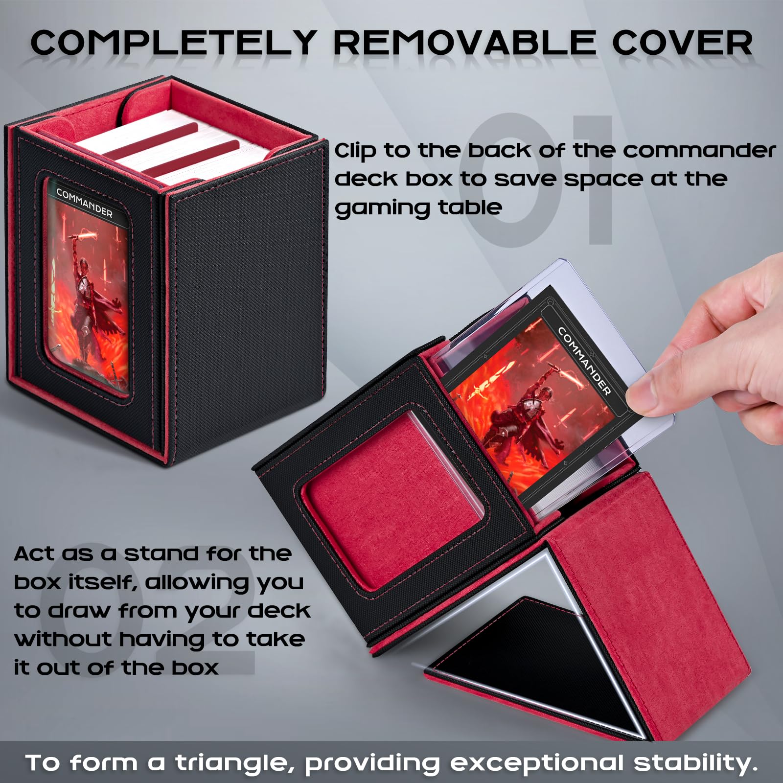 ZLCA MTG Deck Box with Magic Commander Window Display Trading Deck Case Hold 100 Double Sleeved Cards Baseball Card Storage Box is Suitable for CCG/EDH(Black&Red) - Image 4