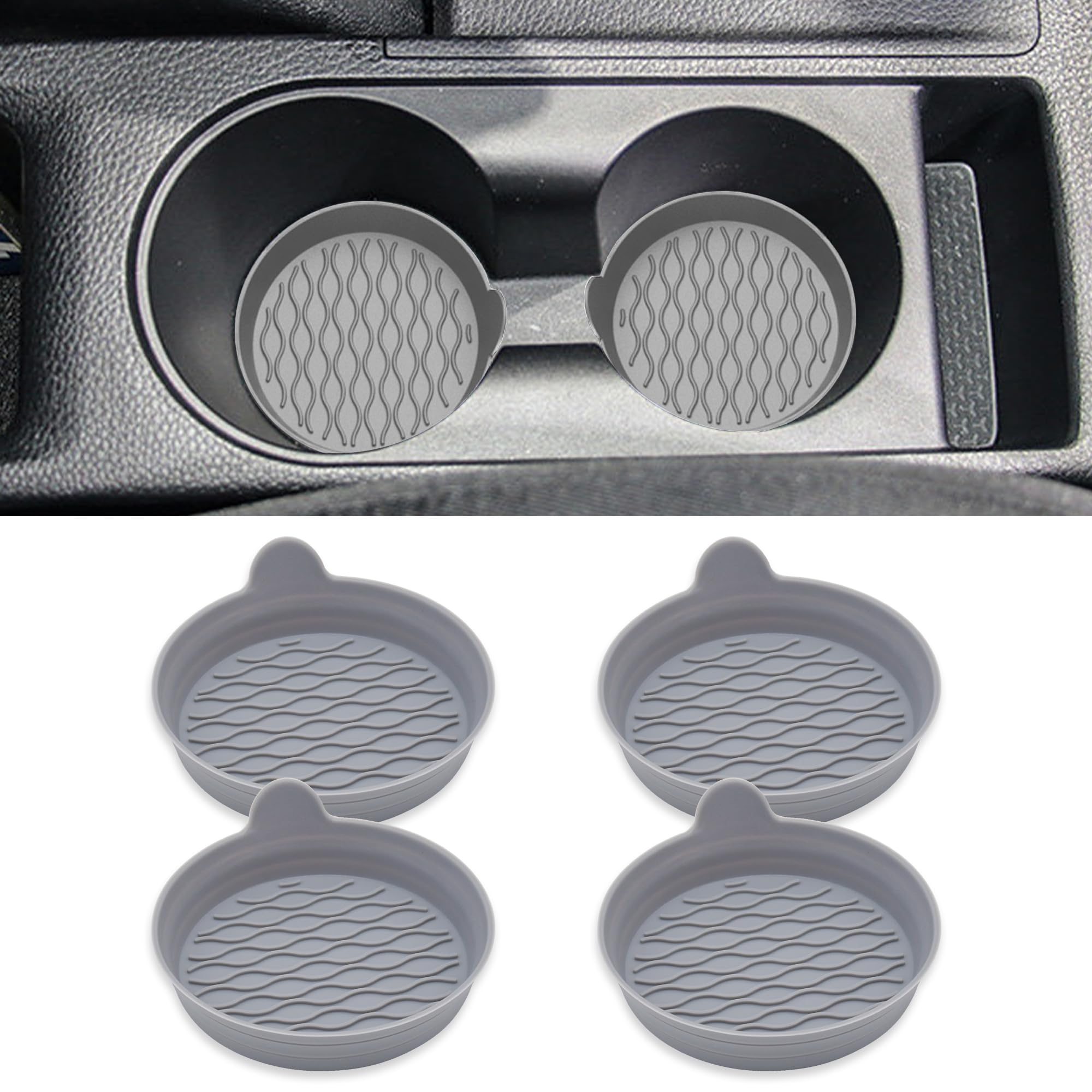 4PCS Car Cup Holder Coasters, Universal Silicone Non-Slip Insert Cup Coasters, Soft Wave Pattern Cup Holders, Car Interior Accessories for SUV, Truck, RV (Gray)