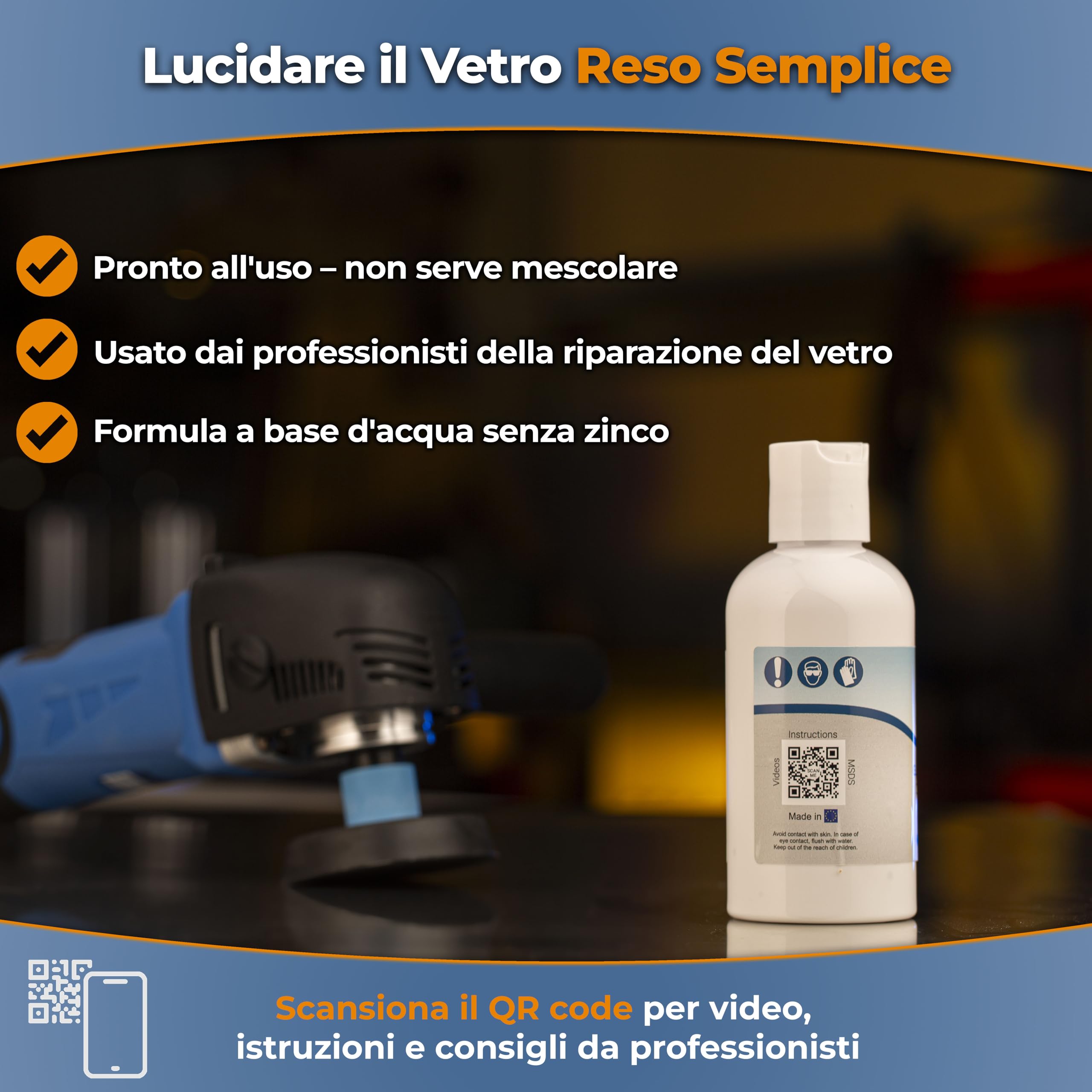 Glass Polish - 250ml Composto Lucidante per Vetri - Pasta Concentrata di Ossido di Cerio a Grana Fina per Lucidatura Professionale di Tutte le Superfici in Vetro - 1,2 Micron