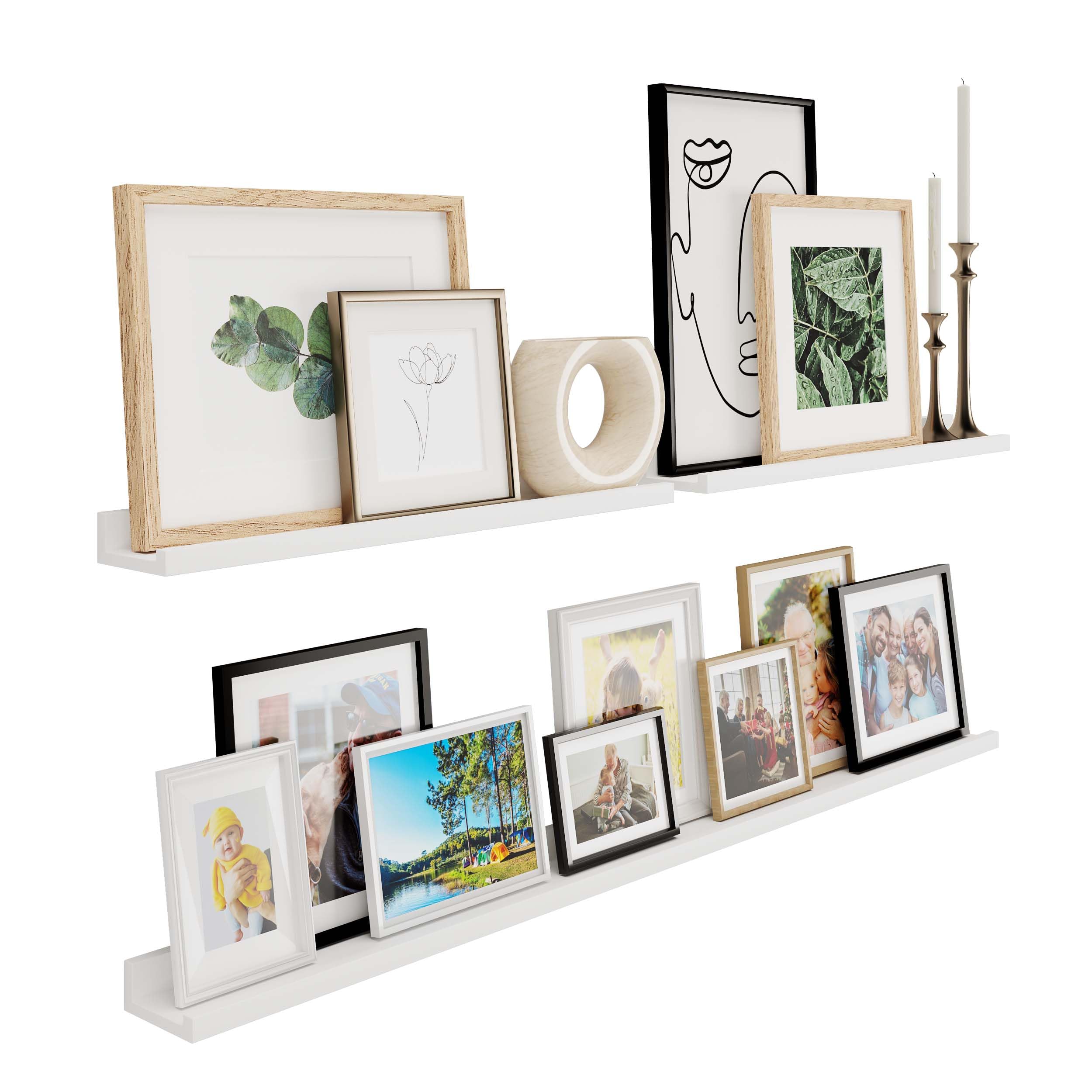 Wallniture Denver Multi Size 48"-24"-24" Floating Shelves for Picture Frames Collage Wall Decor, Living Room Picture Ledge Shelf Set, Wall Shelves for Bedroom, Office Set of 3 White