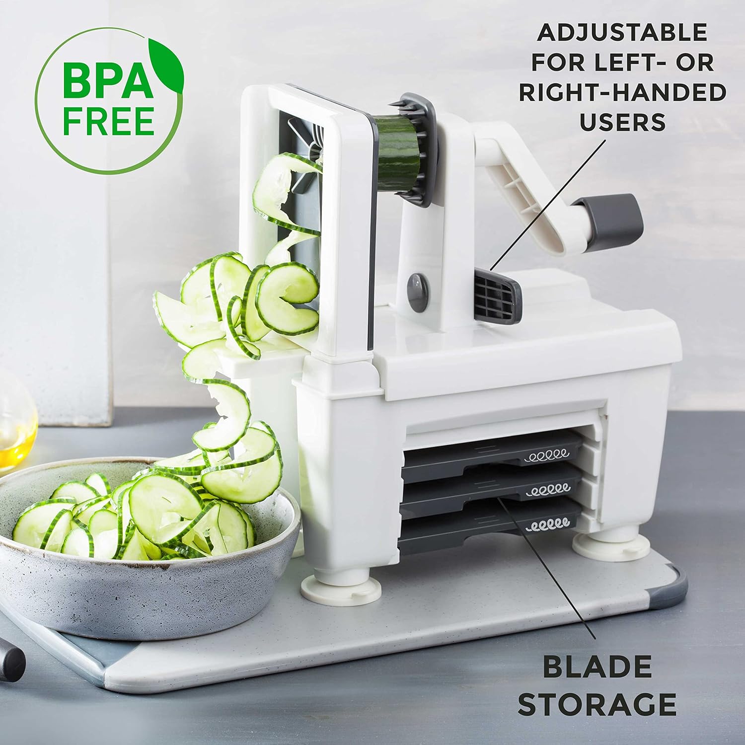 Mueller Pro Multi-Blade Spiralizer showing its adjustable design for left or right-handed users and integrated blade storage.