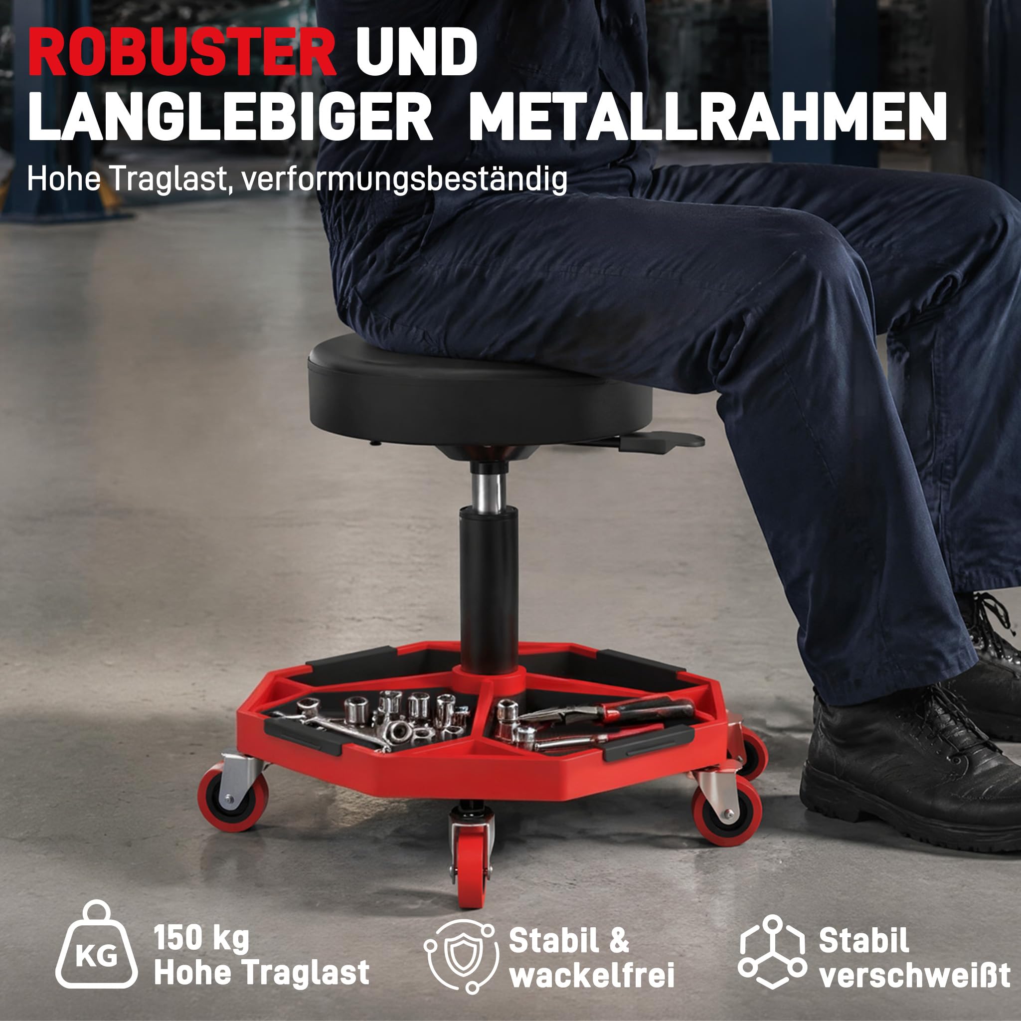 XMTECH Taboret warsztatowy z kółkami, regulacja wysokości, 150 kg, półka na
