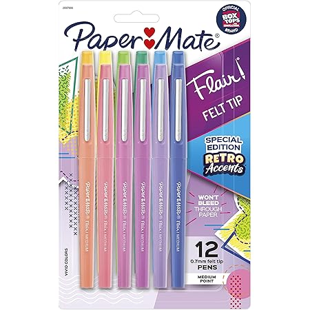 Paper Mate Flair Felt Tip Pens, Medium Point (0.7mm), Assorted, Special Edition Retro Accents, 12 Count
