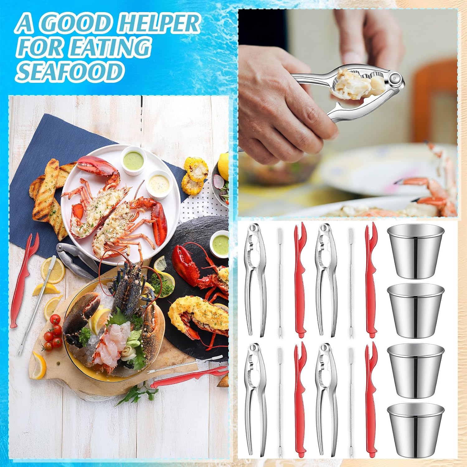 48 Pcs Seafood Tools Set Include Crab Crackers Forks/picks Shellers Seafood Scissors Hammer Dipping Sauce Cups Bibs Disposable Gloves Tablecloth(Crab)