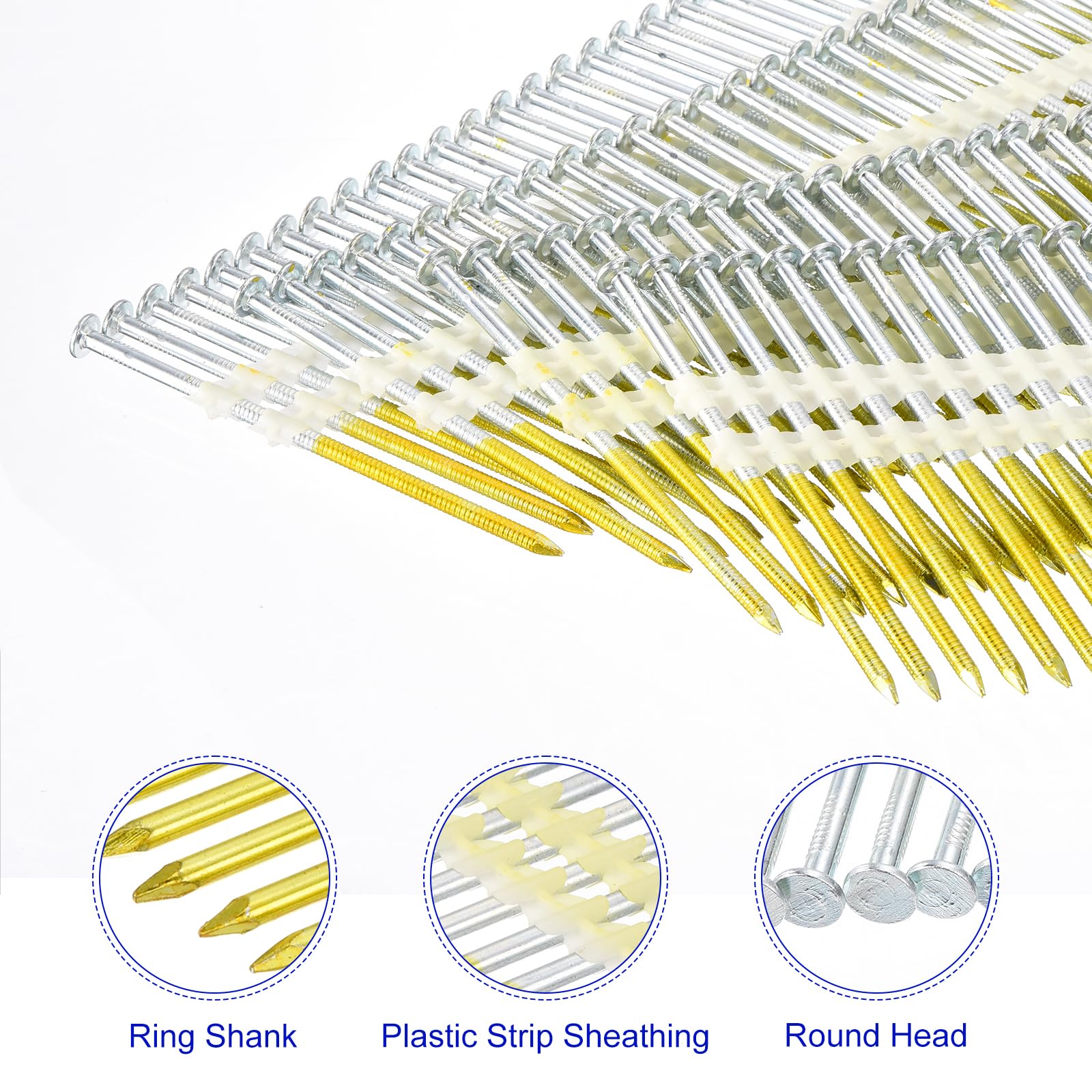 sourcing map 500 clavos de plástico de 21 grados, 0.12 x 3-1/4 pulgadas, clavos de plástico de acero al carbono galvanizado para muebles/construcciones, color zinc