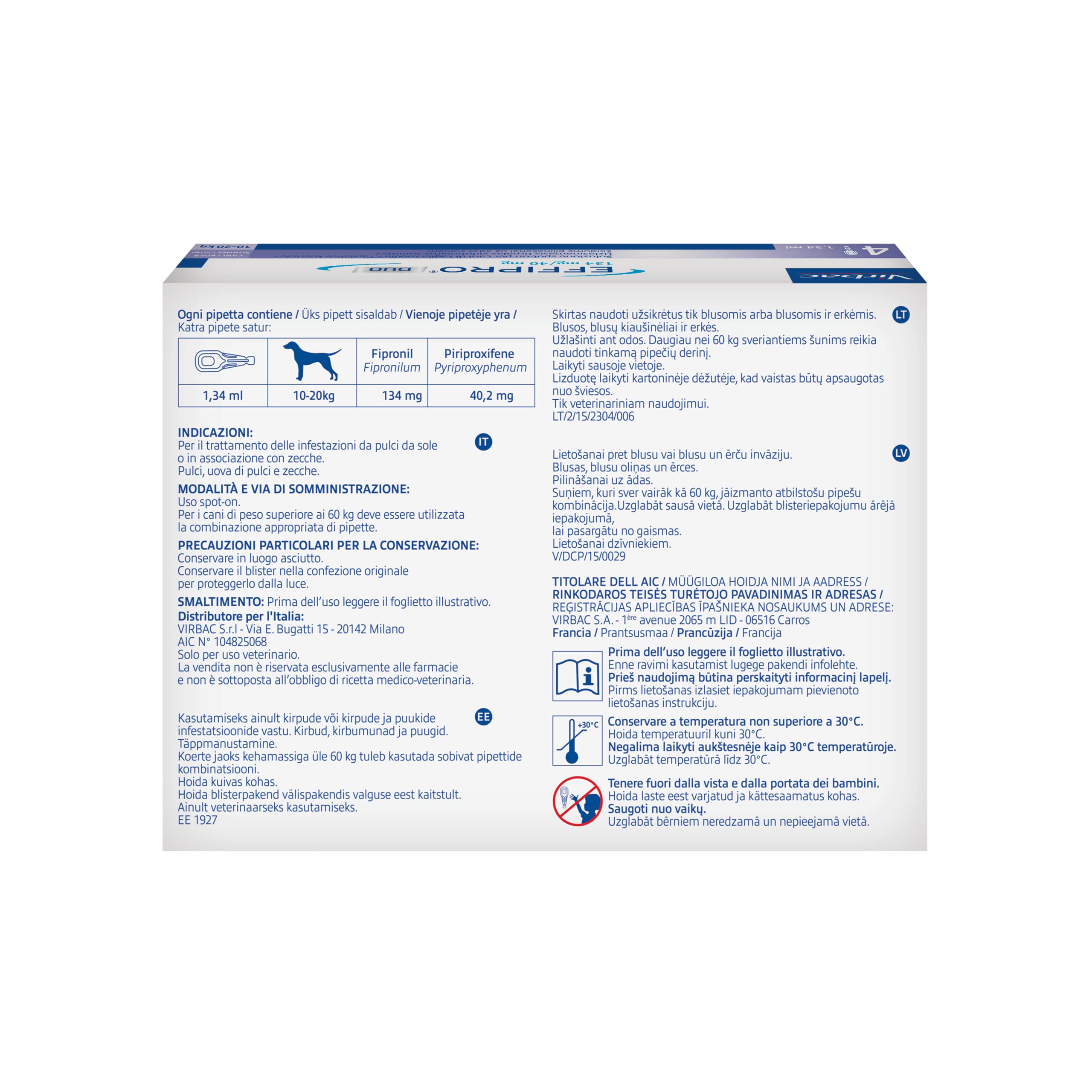Virbac effripro Duo Chiens de Taille Moyenne 10-20 kg - Lot de 4 pipettes.