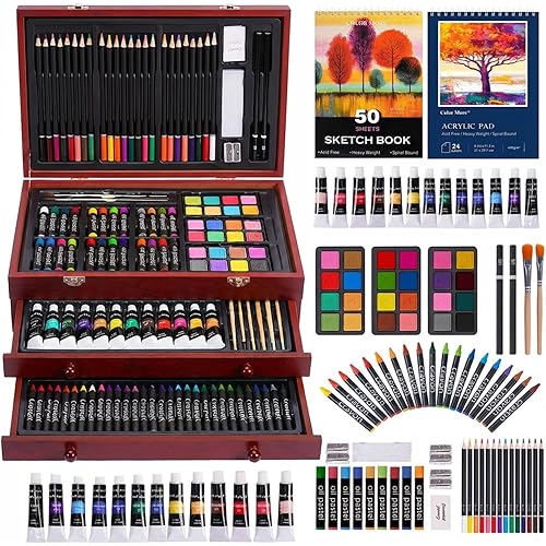 Color More Art Supplies, 175-Pack Deluxe Art Set Drawing Painting Kit with 2 Drawing Pads, Acrylic Paints, Colored Pencils, Crayons, Art Kit in Wooden Case, Gift for Artist, Adults, Teens and Kids