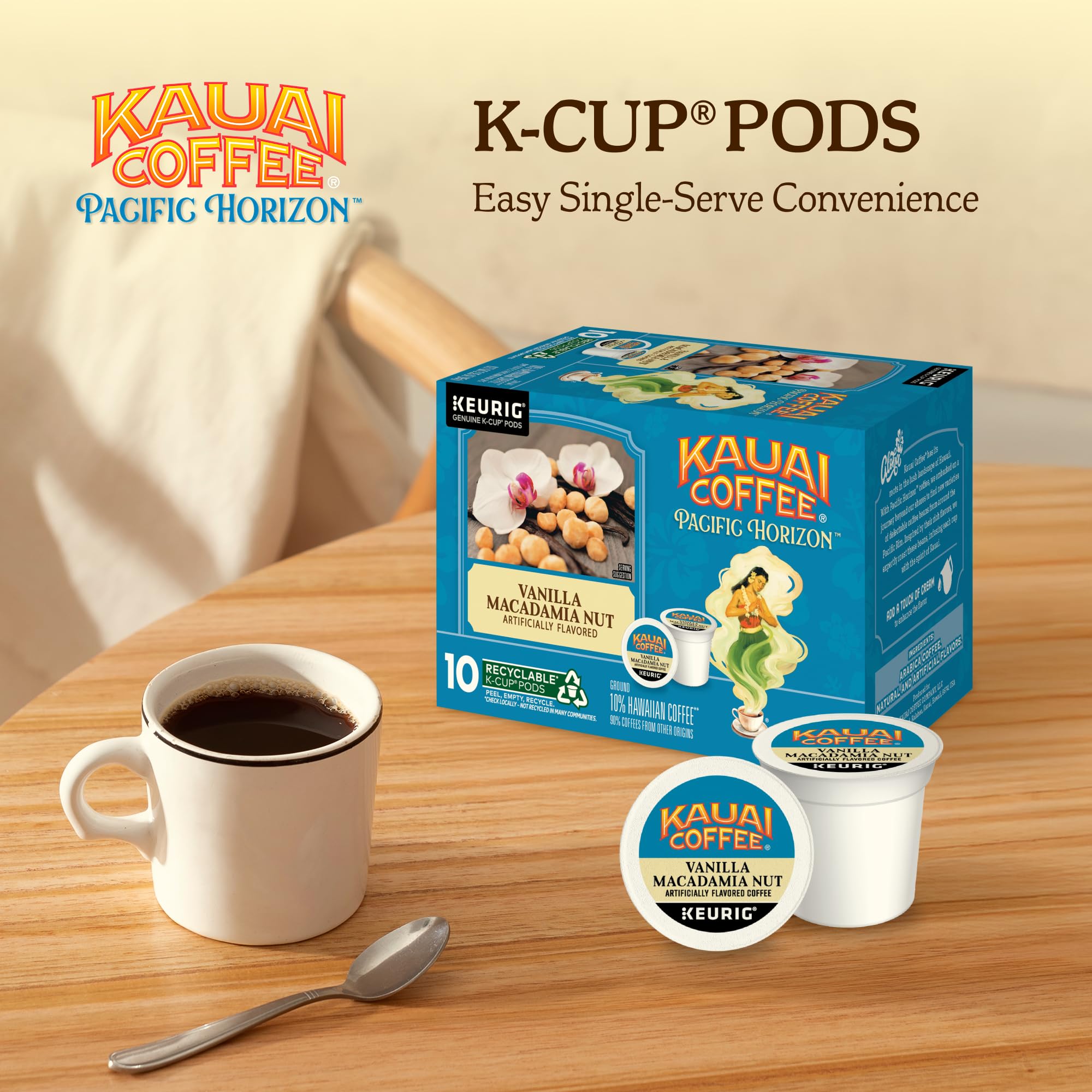 Kauai Coffee K-Cup Pods - Vainilla Macadamia Nut, 10 cápsulas K-Cup | Tostado medio, café arábica, 10 % hawaiano, para cafeteras Keurig, porción única, granos de vainilla con nueces de macadamia