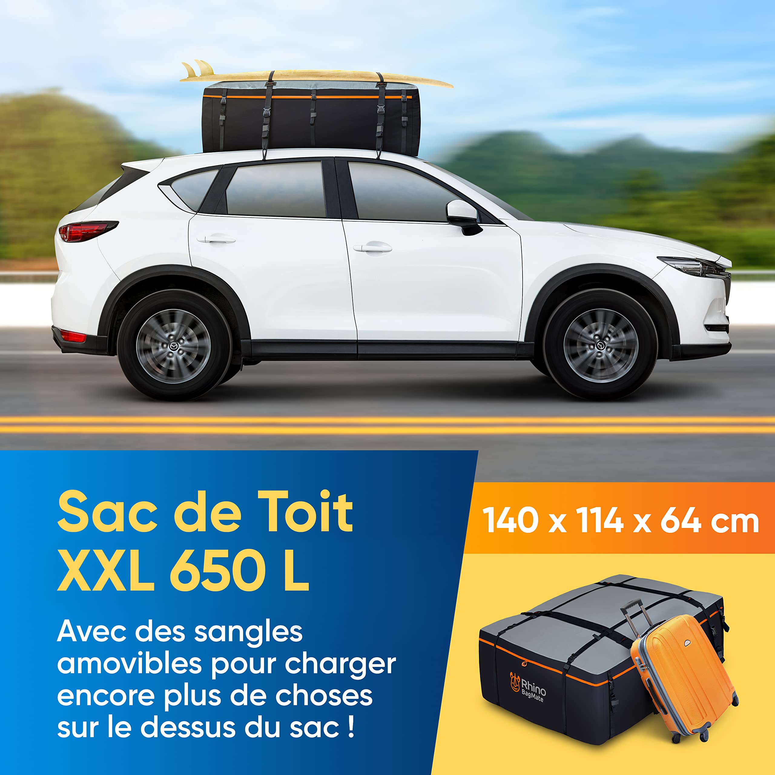 Coffre de Toit Souple 650L – Sac de Toit Voiture 100% Imperméable en PVC 840D – Installation avec ou sans Barres de Toit – Inclus Tapis de Protection & 4 Crochets
