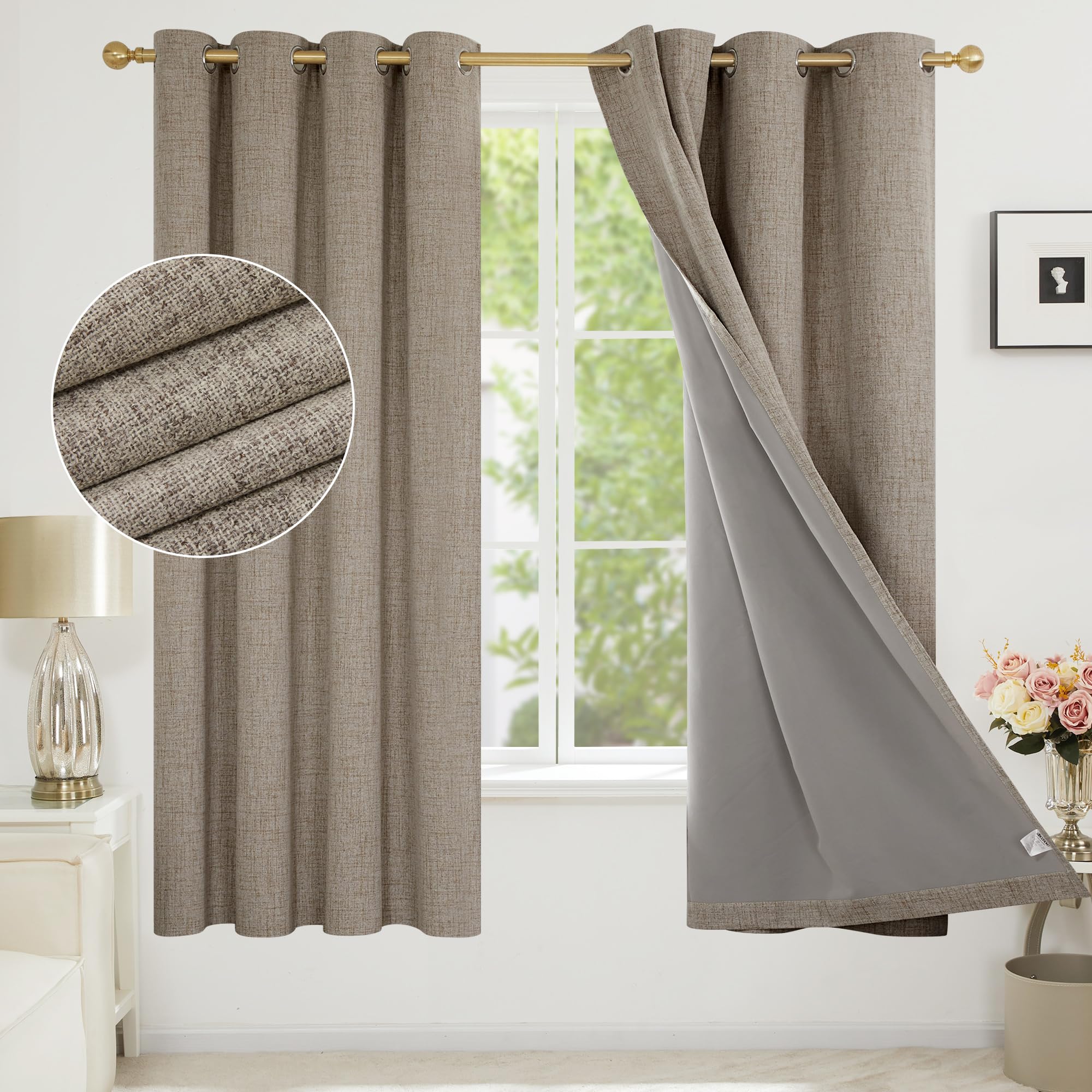 Deconovo Faux Linen Total Blackout Curtains Thermal Eyelet Curtains fot Living room with Energy Saving Coating, Linen, W66 x L72 One Pair