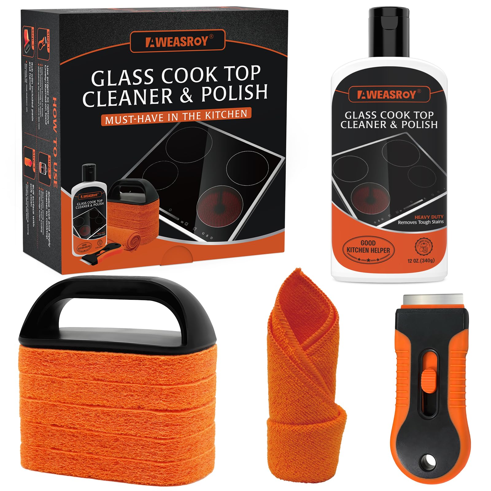 Glass Stove Top Cleaner Kit 12 oz, Cooktop Cleaner and Polish Non-Abrasive No Scratch Removes Tough Stains, with Scrubbing Pad, Handle, Scraper, Cloth