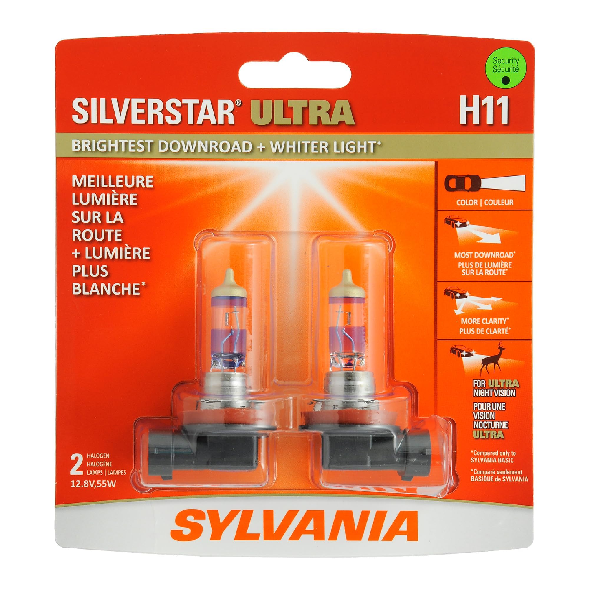 SYLVANIA - H11 SilverStar Ultra - High Performance Halogen Headlight Bulb, High Beam, Low Beam and Fog Replacement Bulb, Brightest Downroad with Whiter Light, Tri-Band Technology (Contains 2 Bulbs)