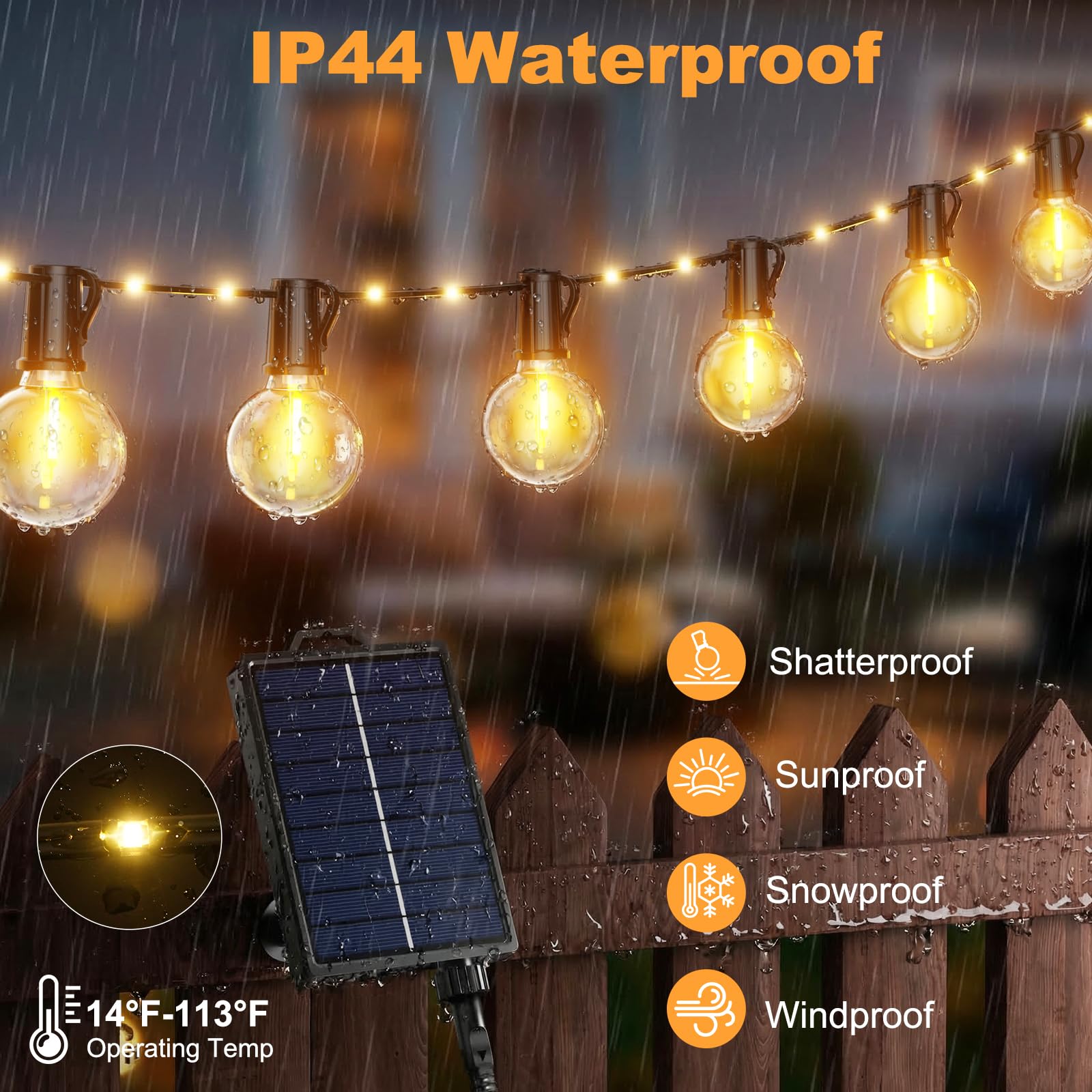 Guirnaldas Luces Exterior Solar, 12M/39.4Ft Lámparas Solares de Jardín Luces con 14+1 G40 Bombillas y 26 Perlas LED, 19 Modos Impermeable Guirnalda Solares para Jardín, Terraza, Navidad, Fiesta
