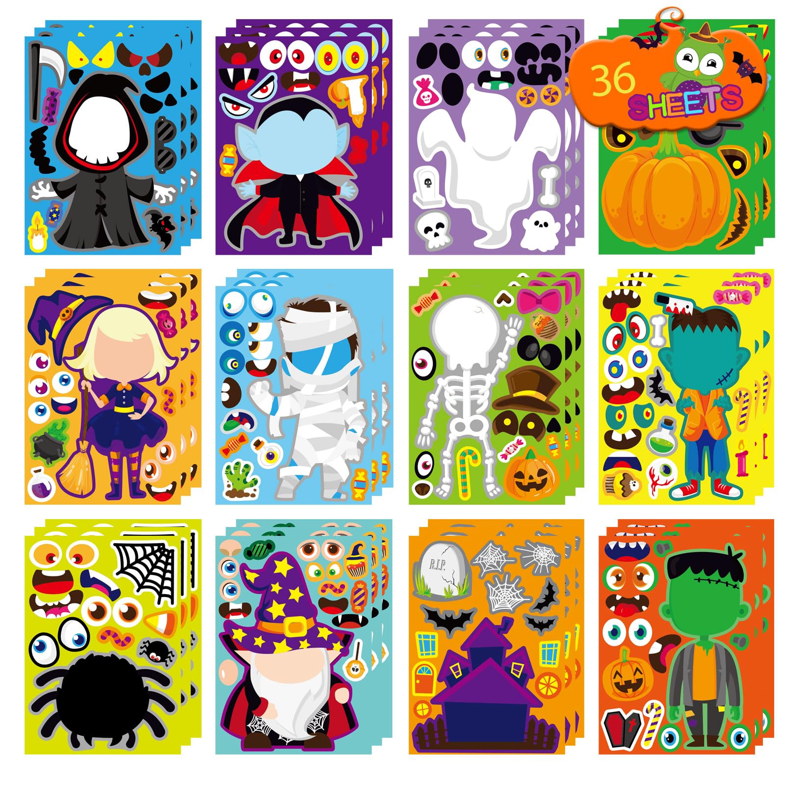 Halloween Face Stickers for Kids & Adults - Cute Party Stickers for Pumpkins & Water Bottles - Horror & Scary Party Favor Supplies