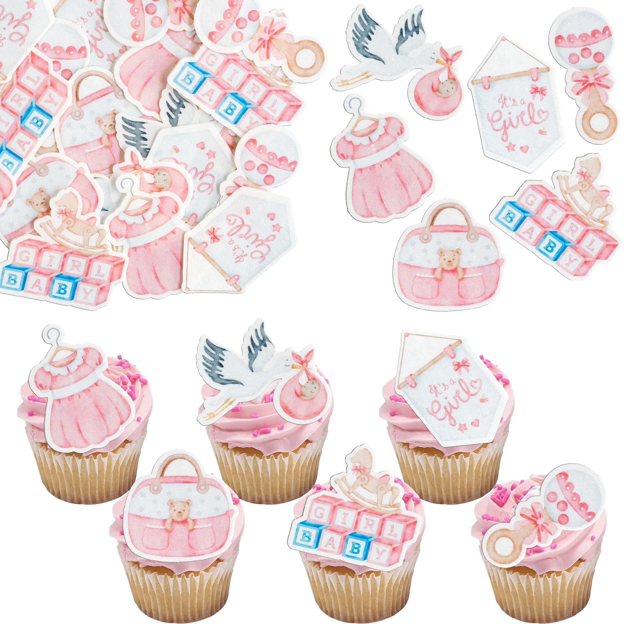 Gyufise 48Pcs Edible Oh Baby Cupcake Toppers Pacifier Cloud Moon Star Baby Girl Cupcake Picks Edible Baby Shower It's a Girl Cake Decorations for Girls Birthday Party Supplies Pink