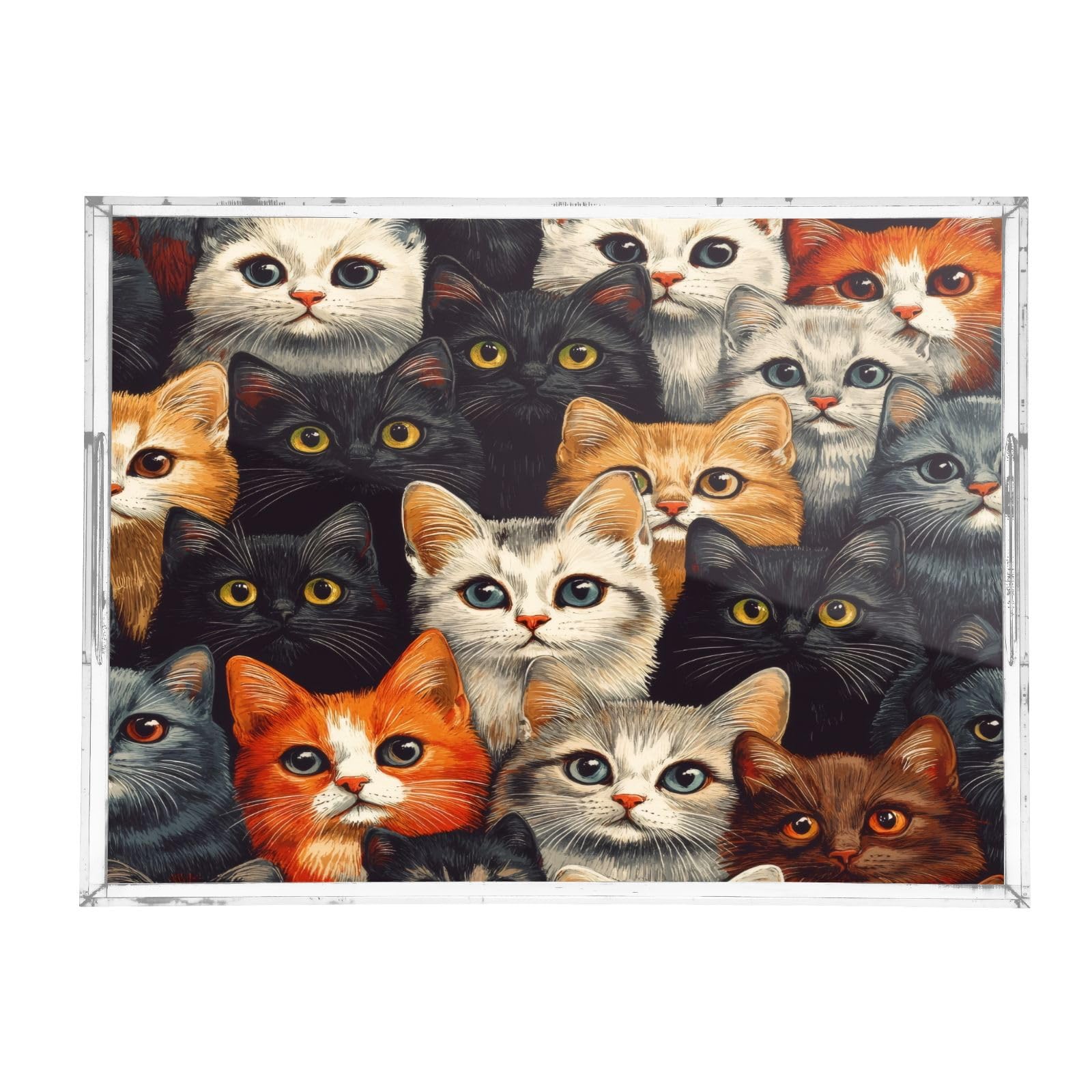 WELLDAY Lovely Cats Serving Tray, Clear Acrylic Decorative Tray - Sturdy Huge Capacity Serving Platters/Kitchen Countertop Tray/Vanity Table Tray 12