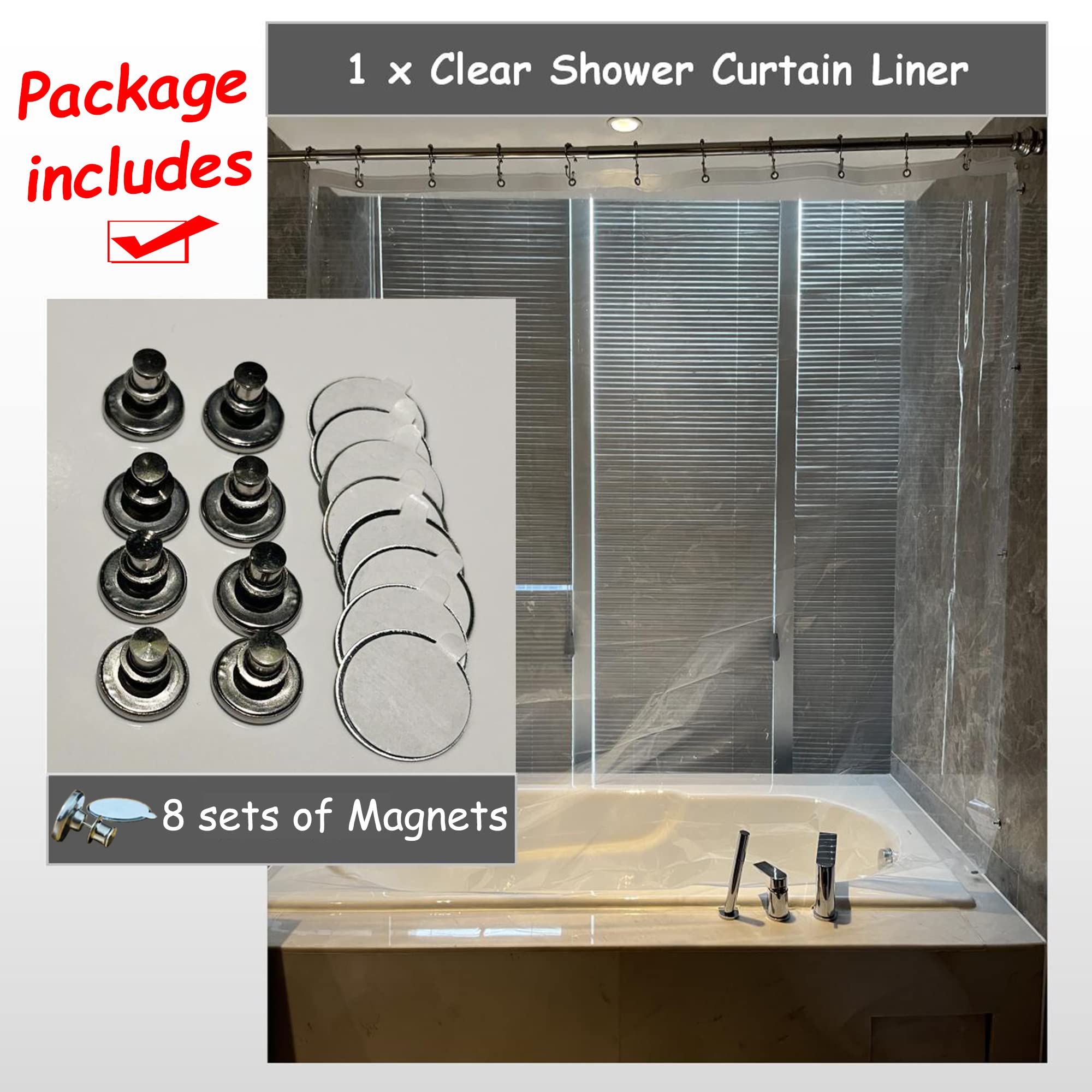 Arayarser 90 Inch Extra Long Shower Curtain Liner With Magnets - Heavy Duty Clear PEVA, 72x90 - View #4