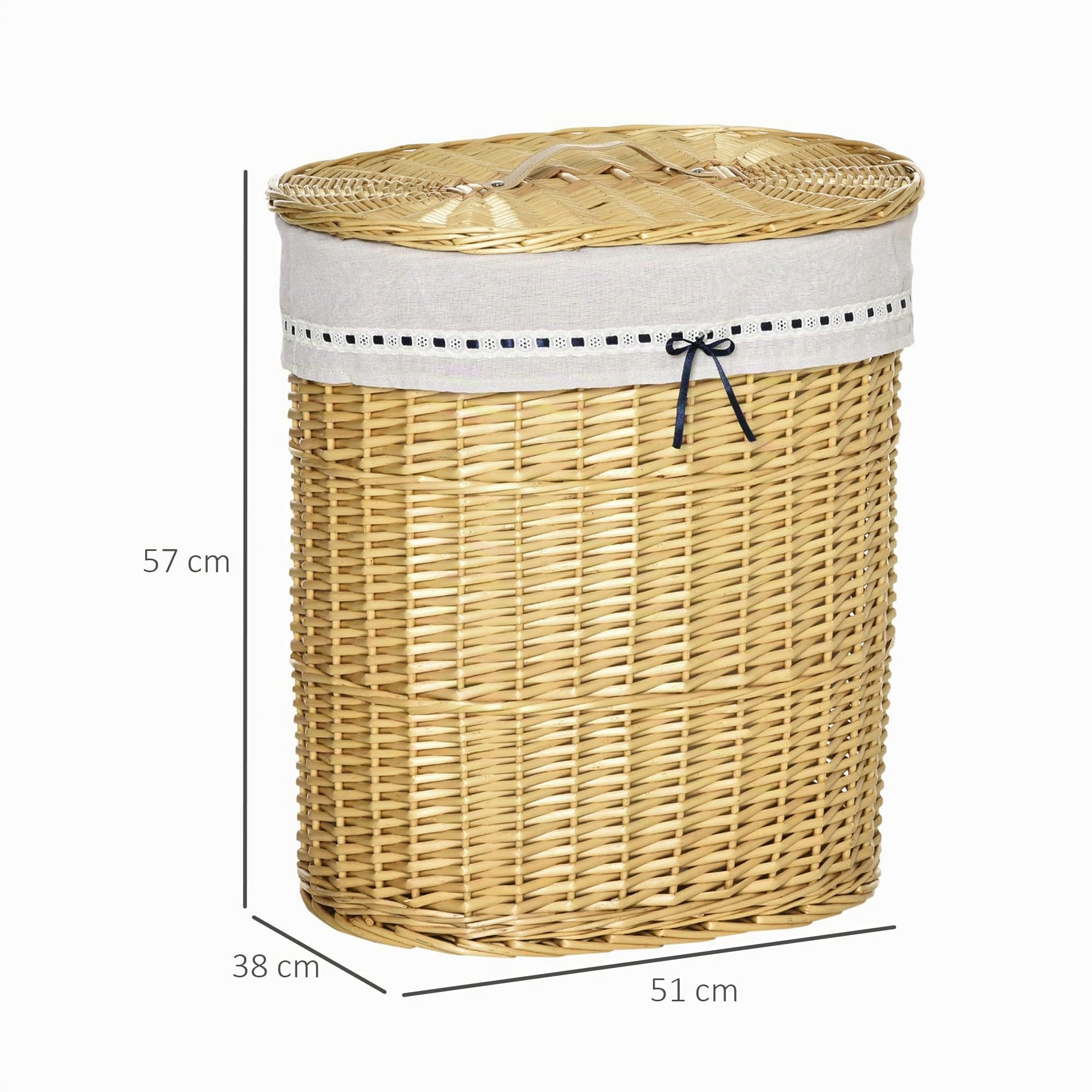 HOMCOM Cesta de Ropa Willow con Tapa, Bolsa de Ropa Extraíble, Natural | Canasta de ropa con asa, para baño, lavandería, dormitorio