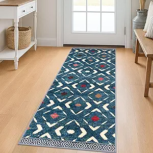 KILOCOCO Kitchen Runner Rug Washable Runner Rug Soft Hallway Runners Non Slip Printed Distressed Laundry Room Rugs, Low-Pile Runners for Entryway/Bedroom/Kitchen/Living Room, 2x5 Teal/Blue