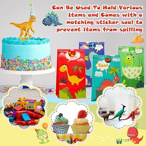 Vista 6 de Containlol Paquete de 30 bolsas de regalo para fiesta de dinosaurios, bolsa de golosinas con calcomanías a juego, suministros de fiesta