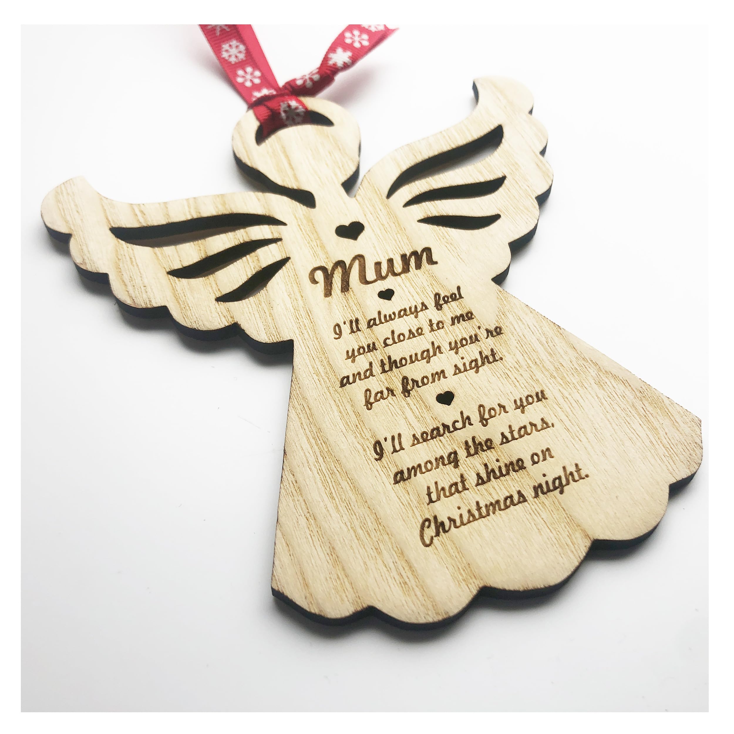 Lovethis** Red, White Personalised Christmas Angel Tree Bauble Decoration Xmas Memorial Mum Dad Mam Mom Father Mother Nan Grandad Any Name Missing You At Xmas (I'll Always Feel You)