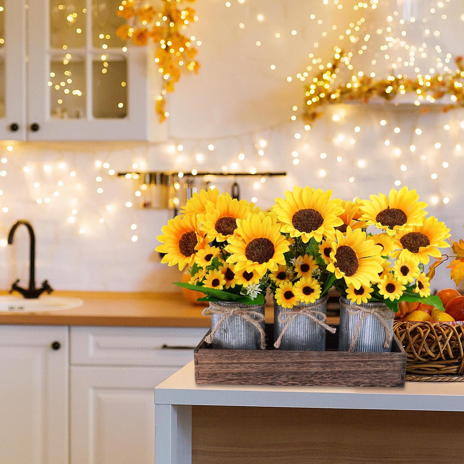 Winlyn Set of 3 Artificial Sunflowers Metal Pot Centerpiece Farmhouse Sunflowers Floral Arrangements with Rectangle Wooden Planter 11" for Rustic Wedding Spring Summer Home Kitchen Table Shelf Décor
