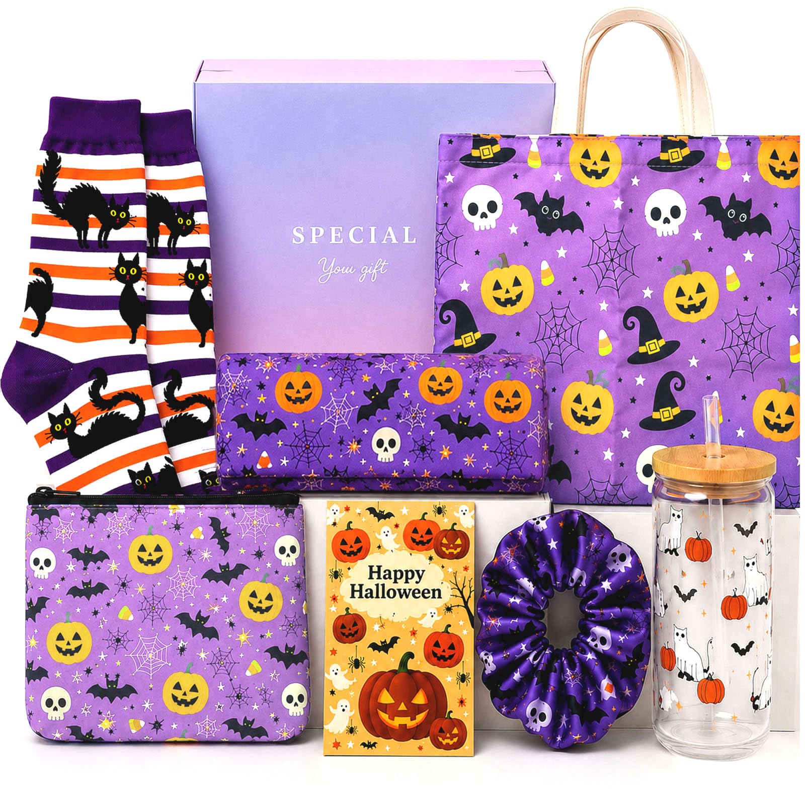 Halloween Boo Basket Gift Box for Women,Spooky Makeup Bag and Glass Cup Set | 7 Pcs Halloween Spooky Gifts with Crochet Boo Basket for Women Teens Girls Her Sister