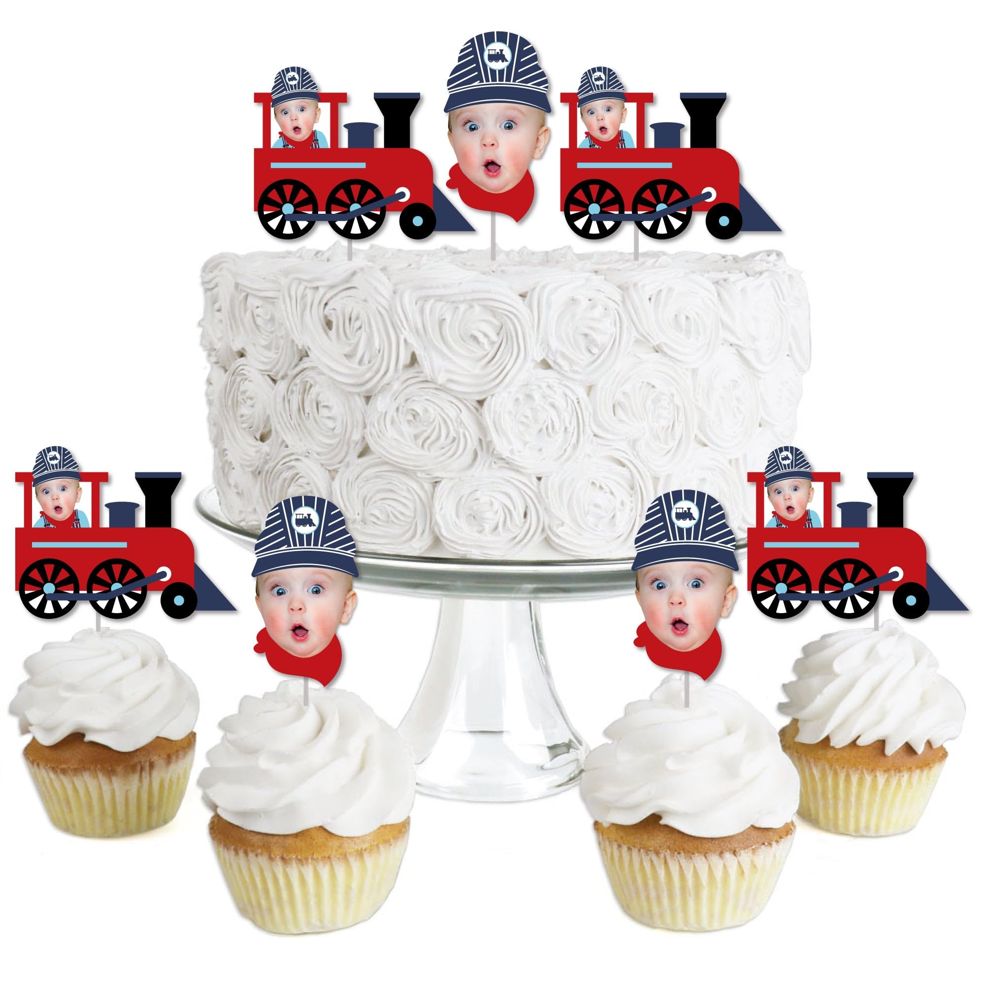 Big Dot of Happiness Custom Photo Railroad Party Crossing - Steam Train Birthday Party or Baby Shower Dessert Cupcake Toppers - Fun Face Clear Treat Picks - Set of 24