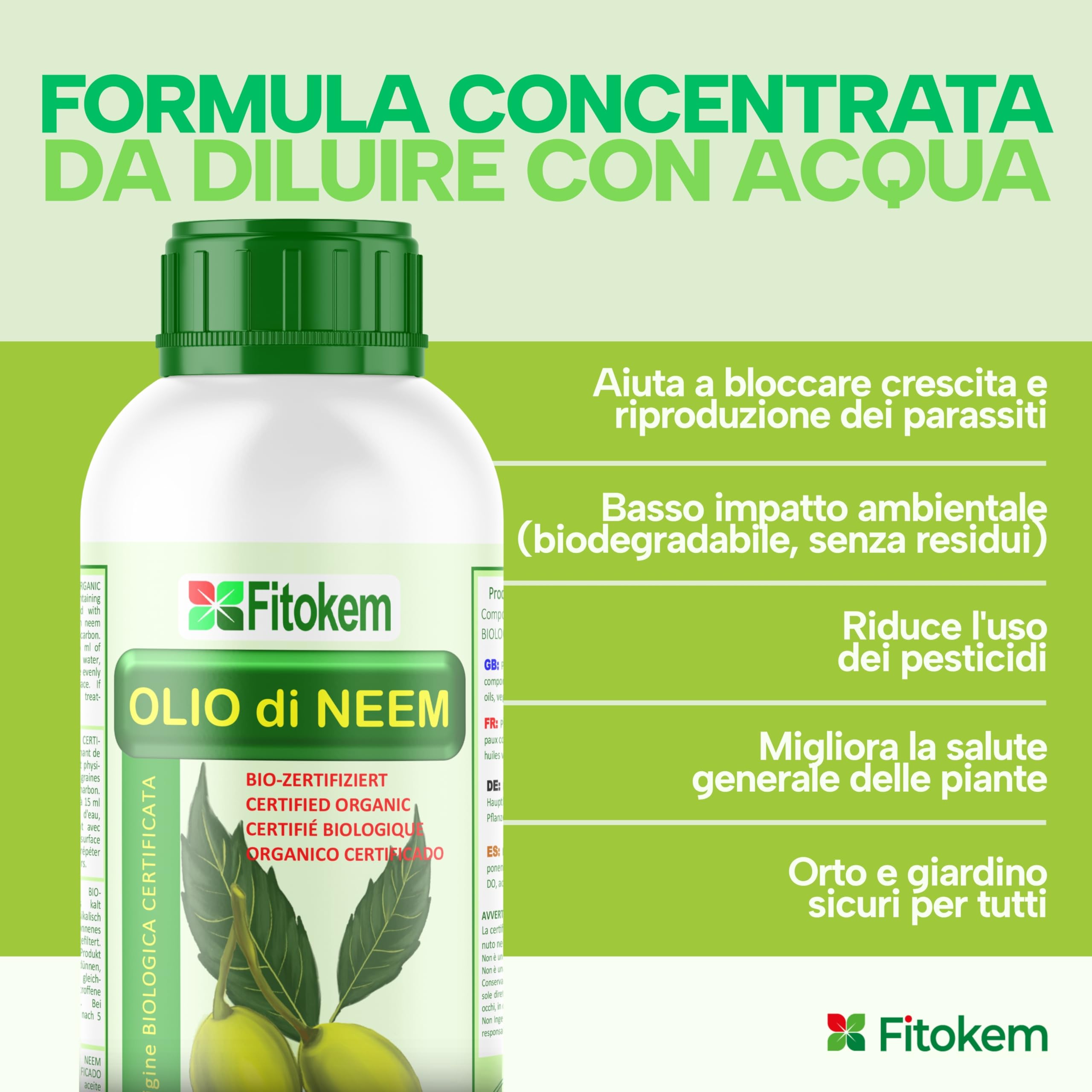 Fitokem Olio di Neem Solubile 1Litro Concentrato Biologico Anti Afidi Cocciniglia Pidocchi