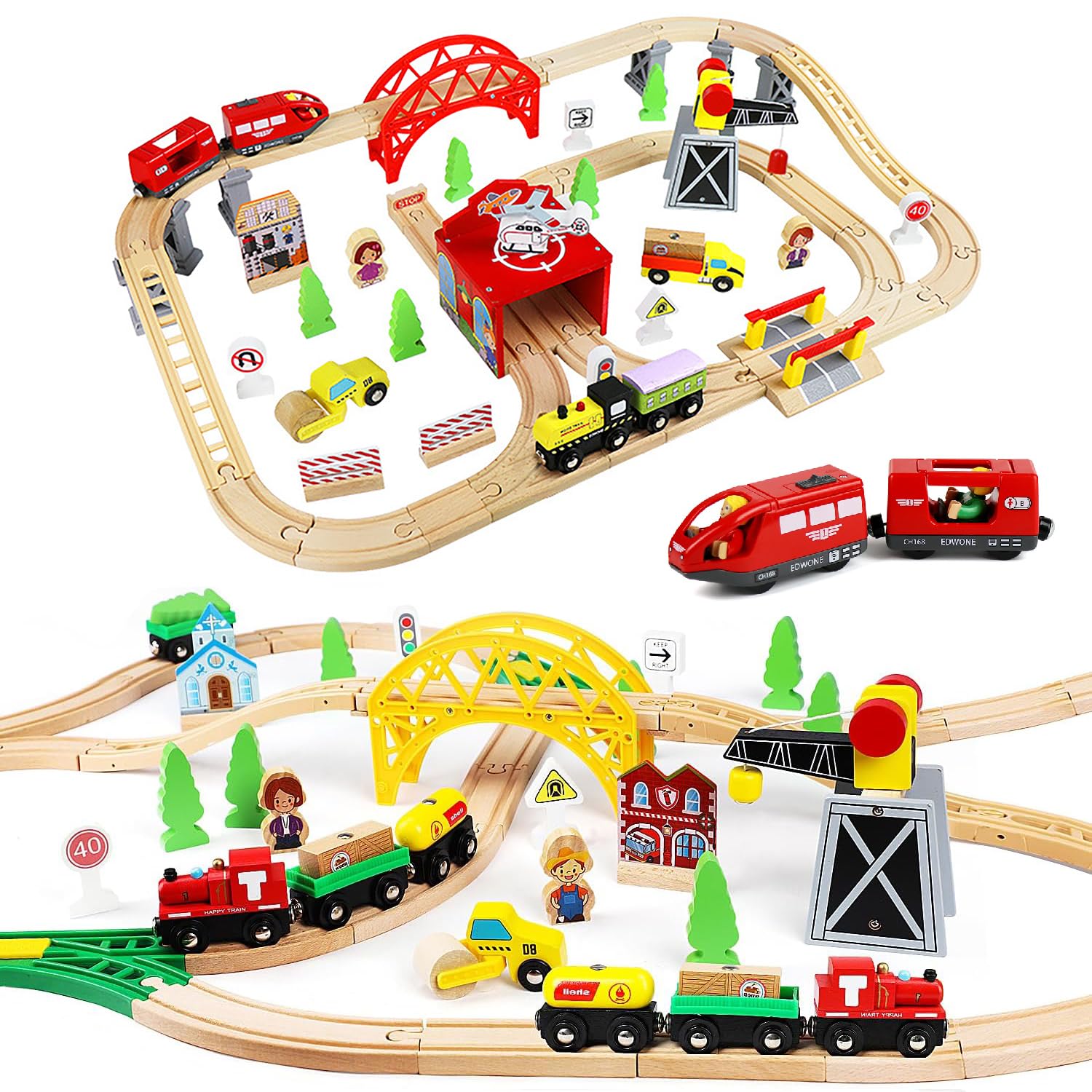 Moonmen 85pcs Wooden Train Set with Crane, Battery Operated Action Locomotive (Magnetic Connection), Wooden train Toys Gift for 3-7 Years Old Toddlers & Kids (85pcs)