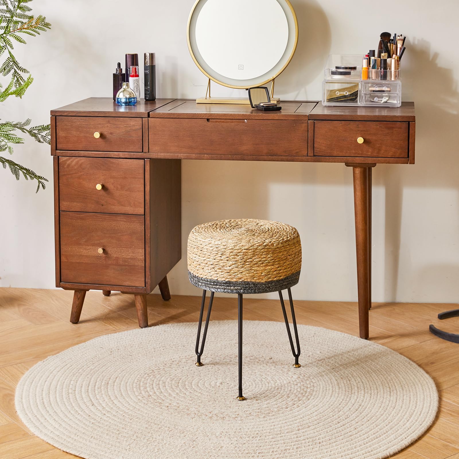 Pouf Ottoman En Algues Naturelles - 32x32x45cm - Style Pastoral Blanc - Pieds Réglables
