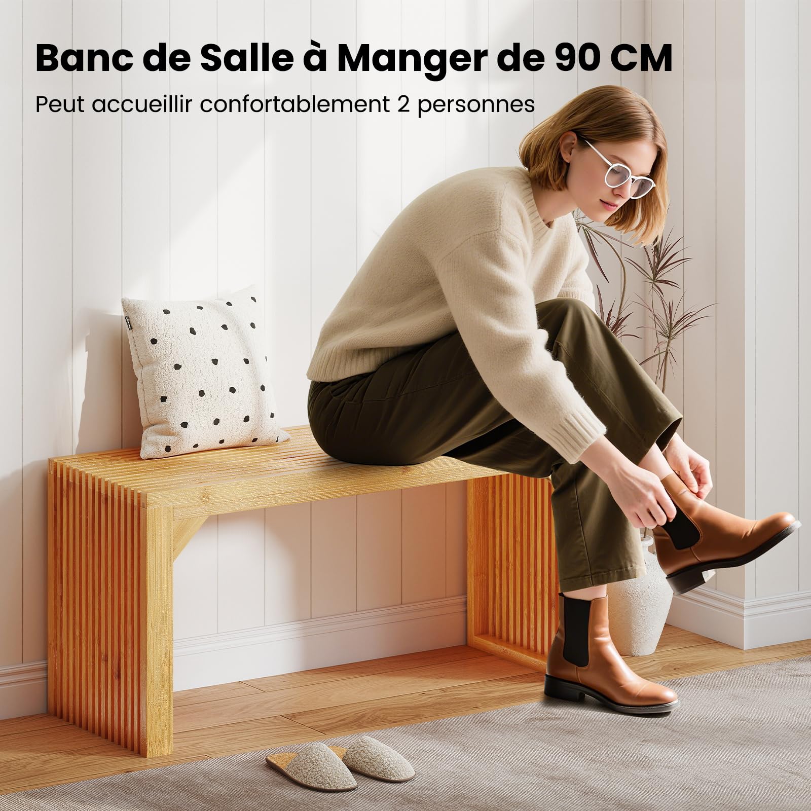 COSTWAY Banc Bout de Lit 90 cm, Banquette Lit en Bambou, Plateau à Lattes, Structure Triangulaire, Banc pour Chambre Salon Entrée Cuisine, Charge 300 kg, 90 x 33 x 43 cm