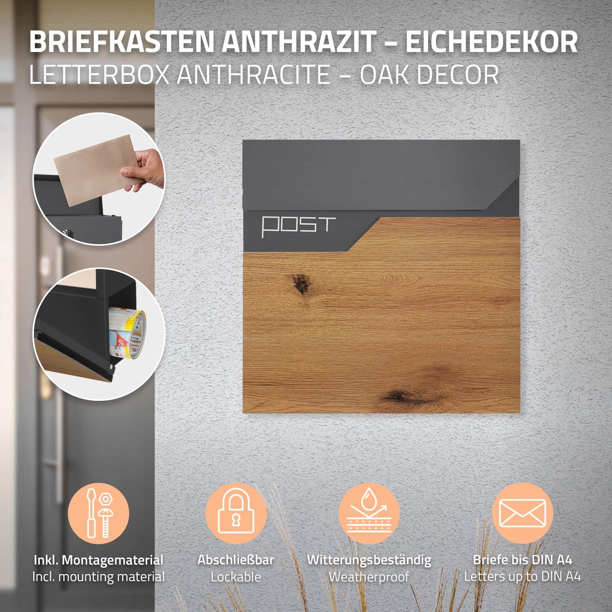 ML-Design Cassetta Postale per Lettere in Acciaio Verniciato a Polvere Antracite Aspetto di Legno 37x37x11 cm con Scomparto per Giornali Riviste Serratura 2 Chiavi incl. Materiale per Montaggio a Muro