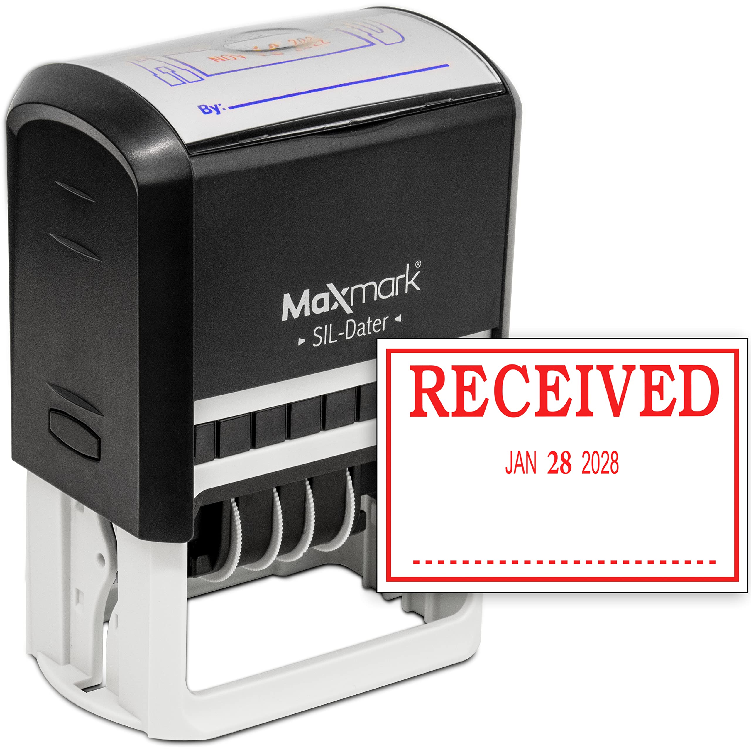 MaxMark Large Self-Inking Rubber Date Office Stamp with Received Phrase & Date - Red Ink, 12-Year Band - Style 3