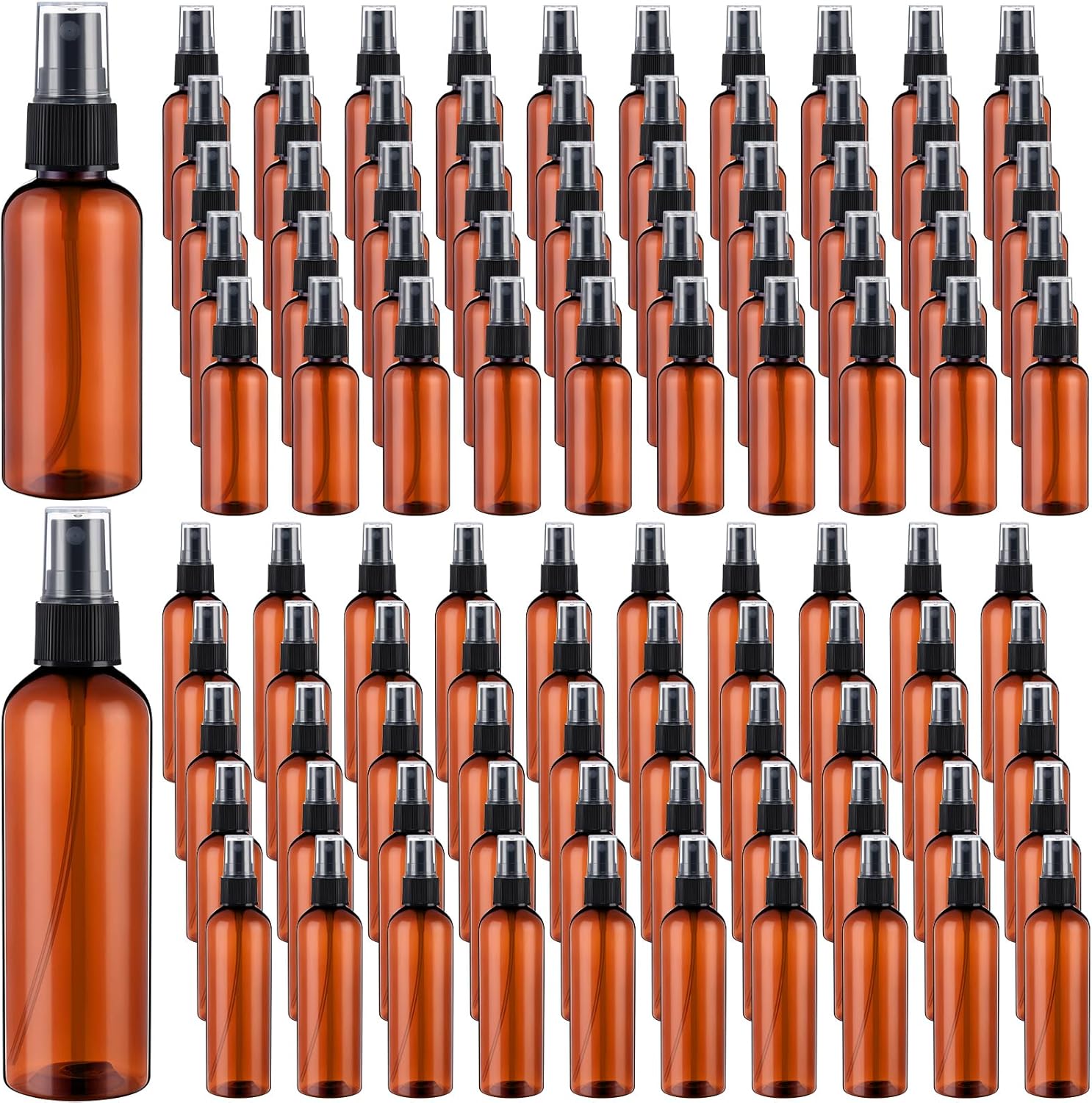 Mifoci 100 Pcs Plastic Spray Bottles 4 oz 2 oz Small Mist Spray Bottles Bulk for Essential Oils Fine Mist Sprayer Reusable Portable Travel Containers for Perfume Cleaning Samples(Amber, Black)
