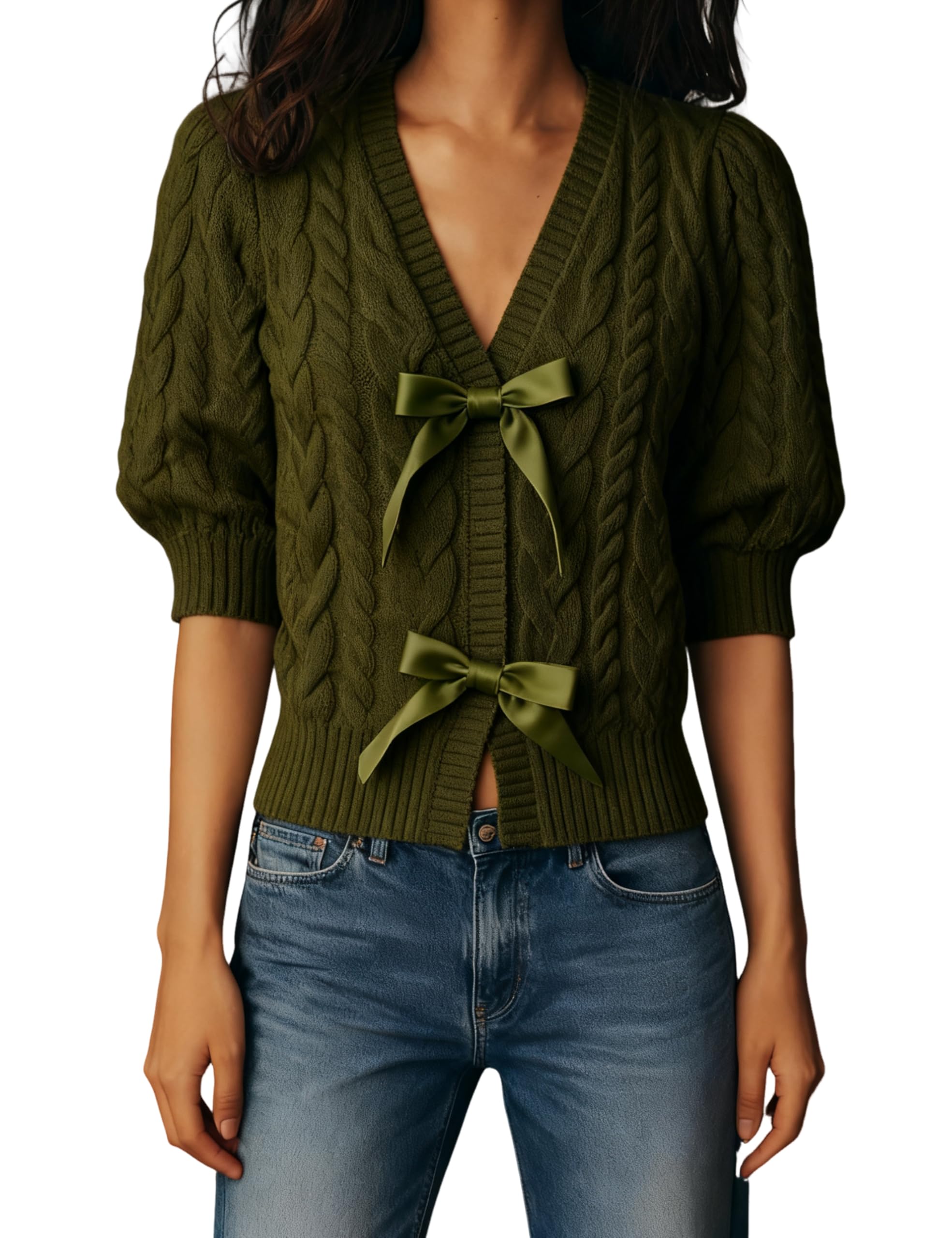 Zhiyouni Womens Short Sleeves Cardigan Sweater Cropped V Neck Open Front Bow Cable Knit Shirt Tops