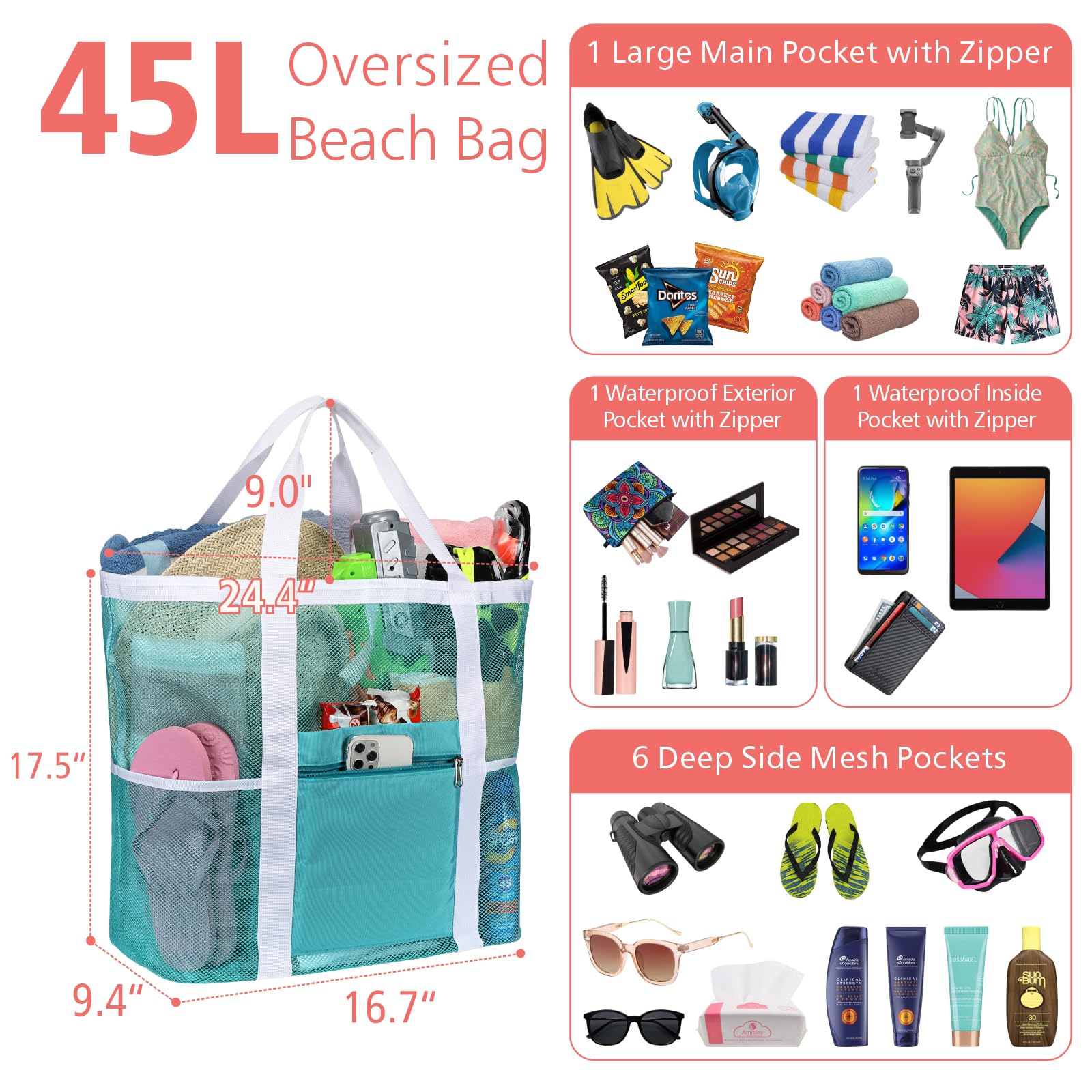 F-color Netz-Strandtasche Familie – große Tragetasche mit 9 Taschen für Schwimmbad, Spielzeug, Kreuzfahrt, Strand, Urlaub, Essentials, Minzgrüner Basisgriff, X-Large with Water-resistant Bottom