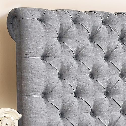 Miniatura 21 de Rosevera Gideon - Marco de cama tapizado de tela con cabecera ajustable, estilo Chesterfield, soporte de listones de madera, fácil montaje, tamaño