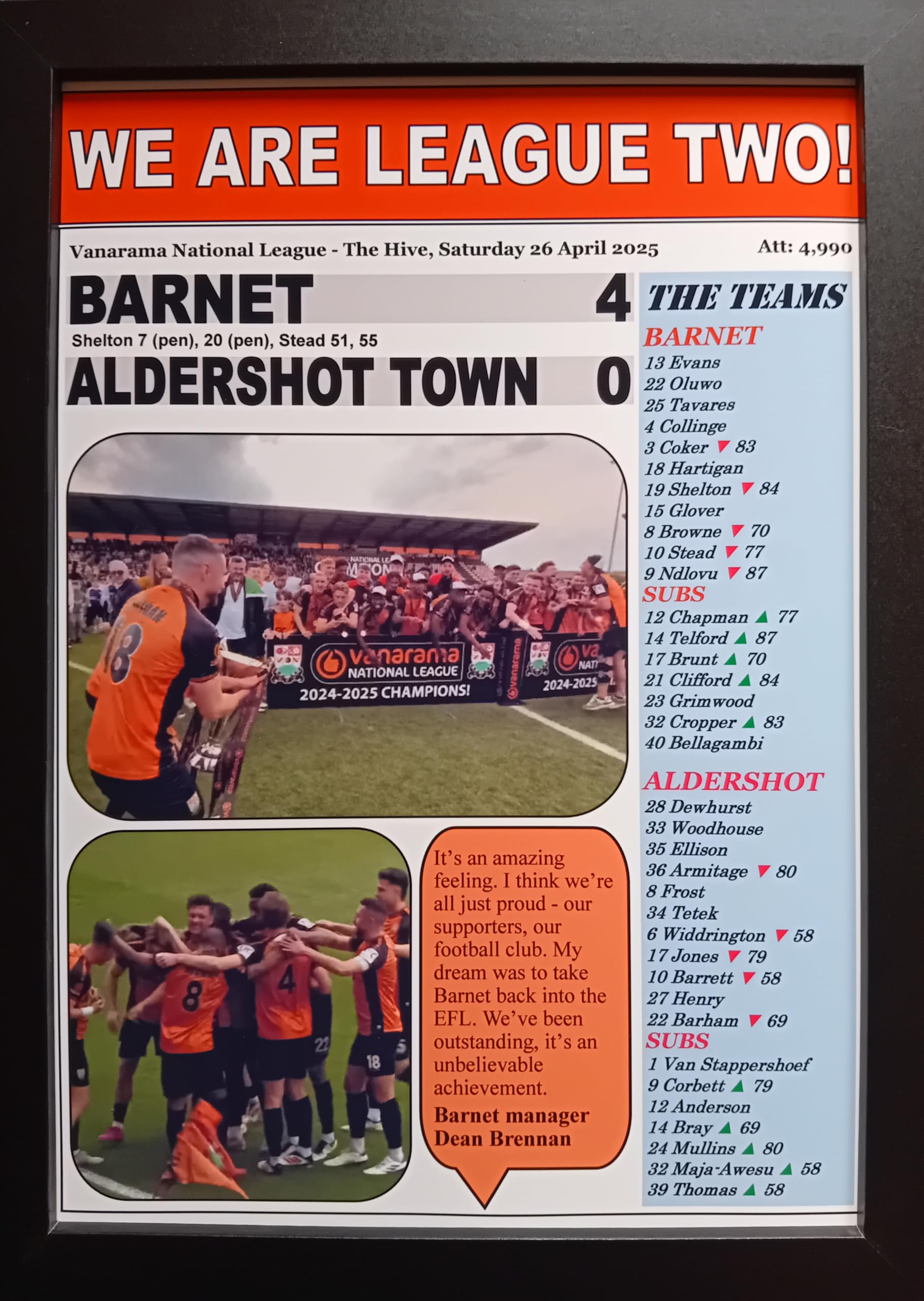 Assorted Barnet 4 Aldershot 0 | 2025 National League | Barnet champions | framed print