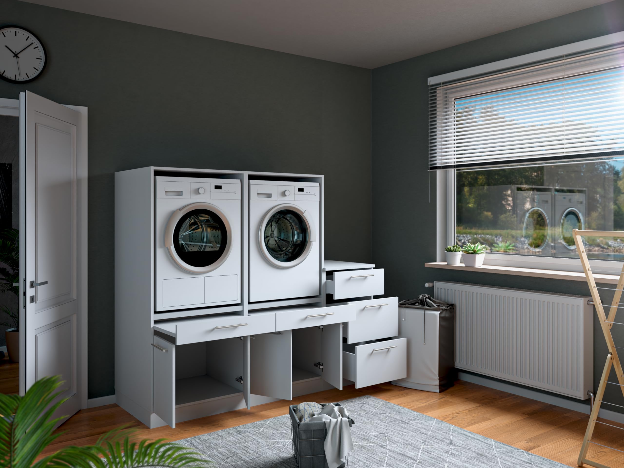 Laundreezy Waschraum Komplett-Set, Weiß - Modulares Schranksystem für Waschküche & Hauswirtschaftsraum - 186 x 162 x 68 cm (B/H/T)