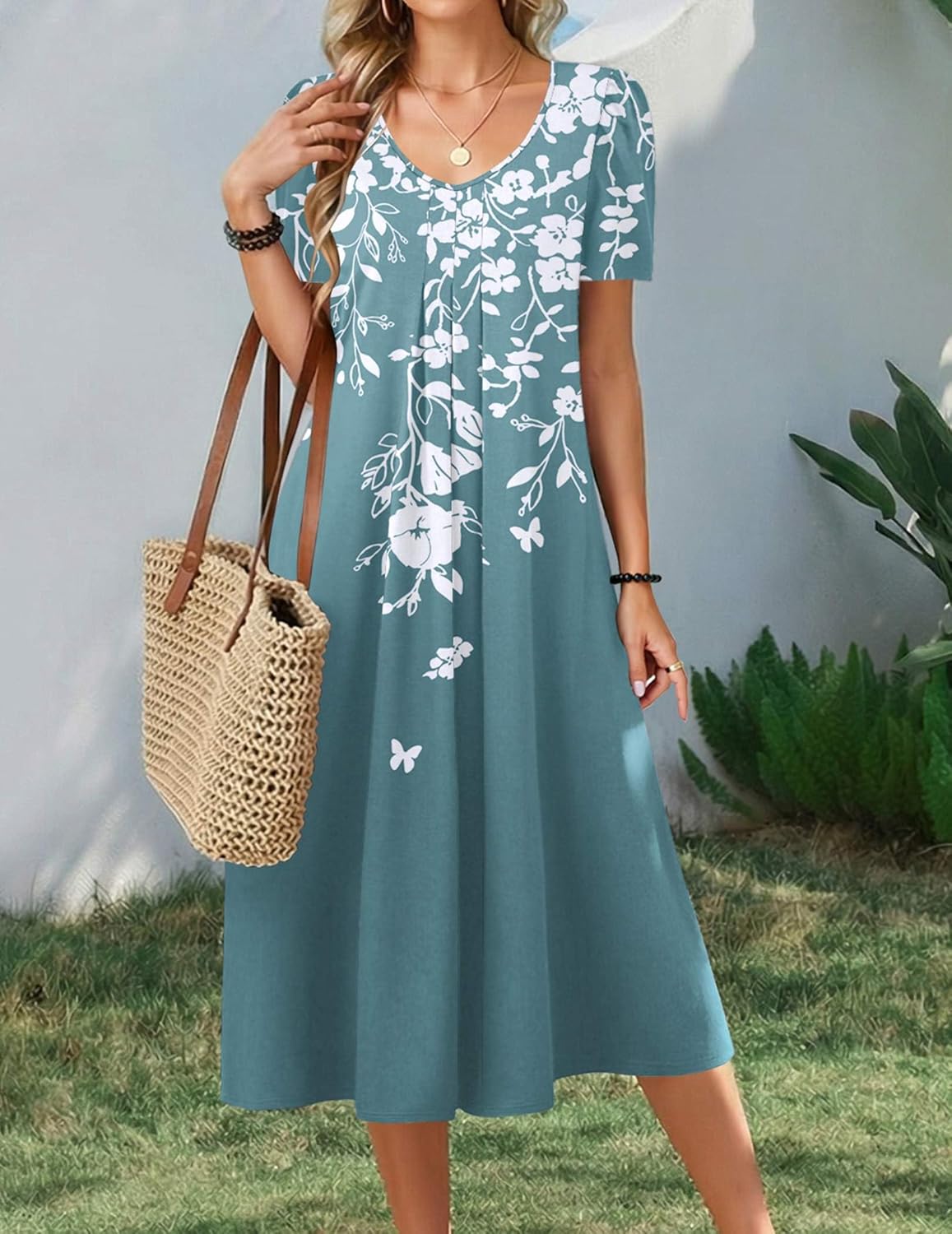 Zeagoo Summer Dress for Women Casual Floral Midi Sundress with Pockets V Neck Pleated Short Sleeve Aline Beach Vacation Dress - Image 3