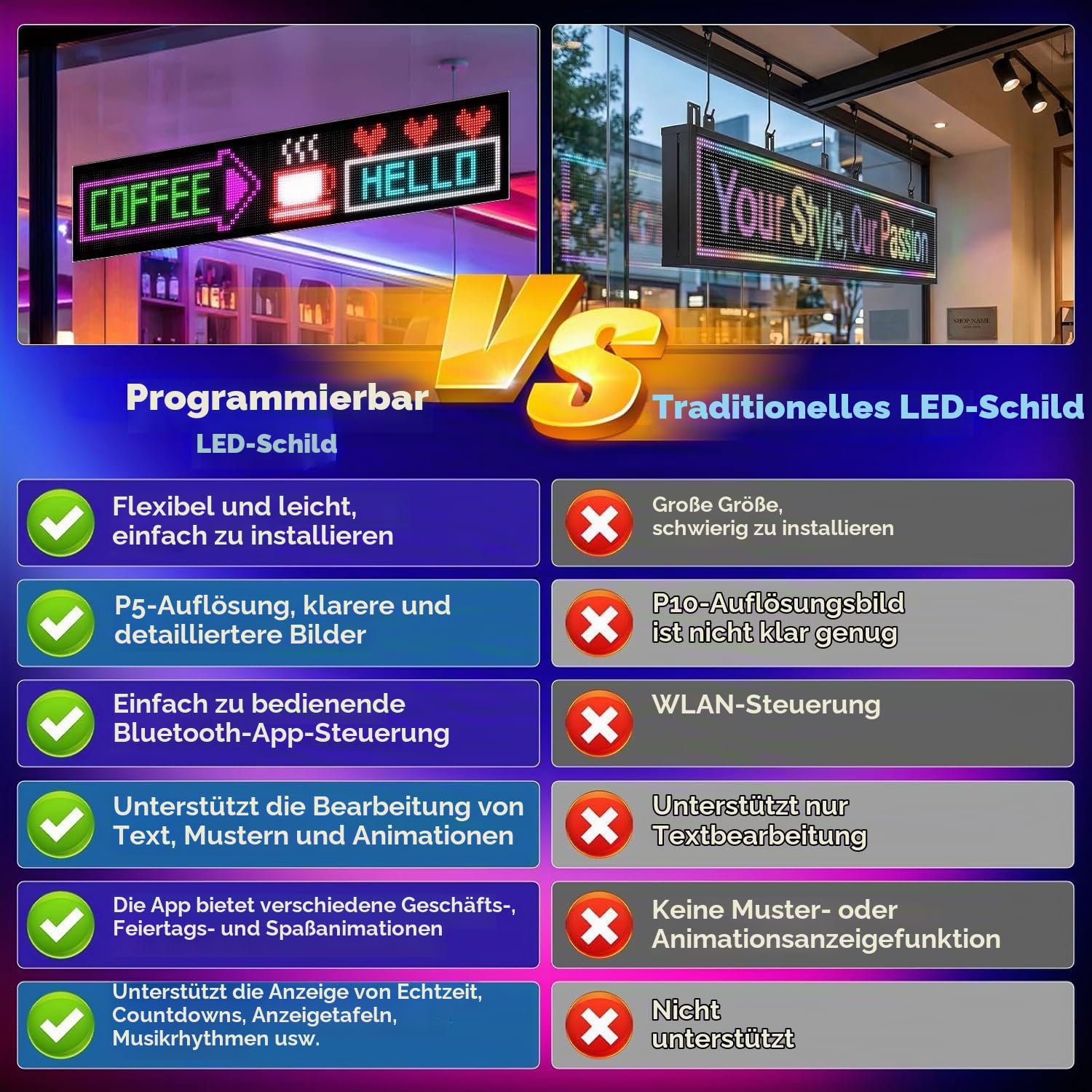 Großes LED Display 99x20 cm mit APP-Steuerung, Programmierbare RGB LED Laufschrift für Schaufenster, Geschäft, Restaurant & Werbung, Individuelle Texte, Bilder und Animationen per Bluetooth