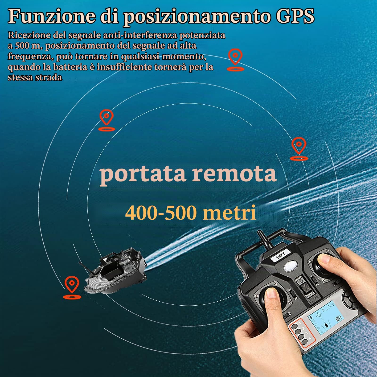Barca Telecomandata Pesca con GPS, 500M Barca Esche da Pesca, Barchino Carpfishing con Luce Notturna a LED e Doppio Motore, Adatto per Uso Notturno e Nuvoloso, Carico 2kg