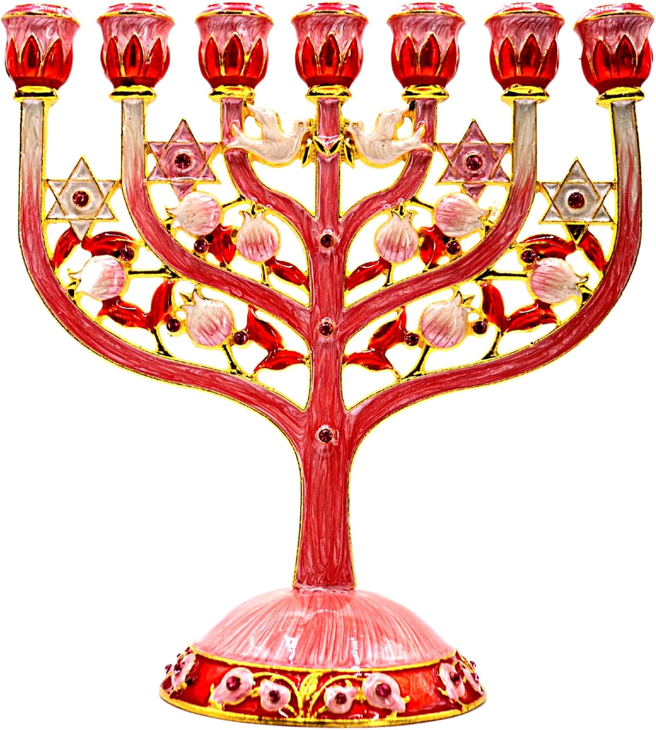 Cohen Tsemach Art & Gift 7 Branch Menorah Candle Holder Crystal Rhinestones Bejeweled Hand-Painted Star of David Enamel Candlesticks Motifs of pomegranates and doves pink
