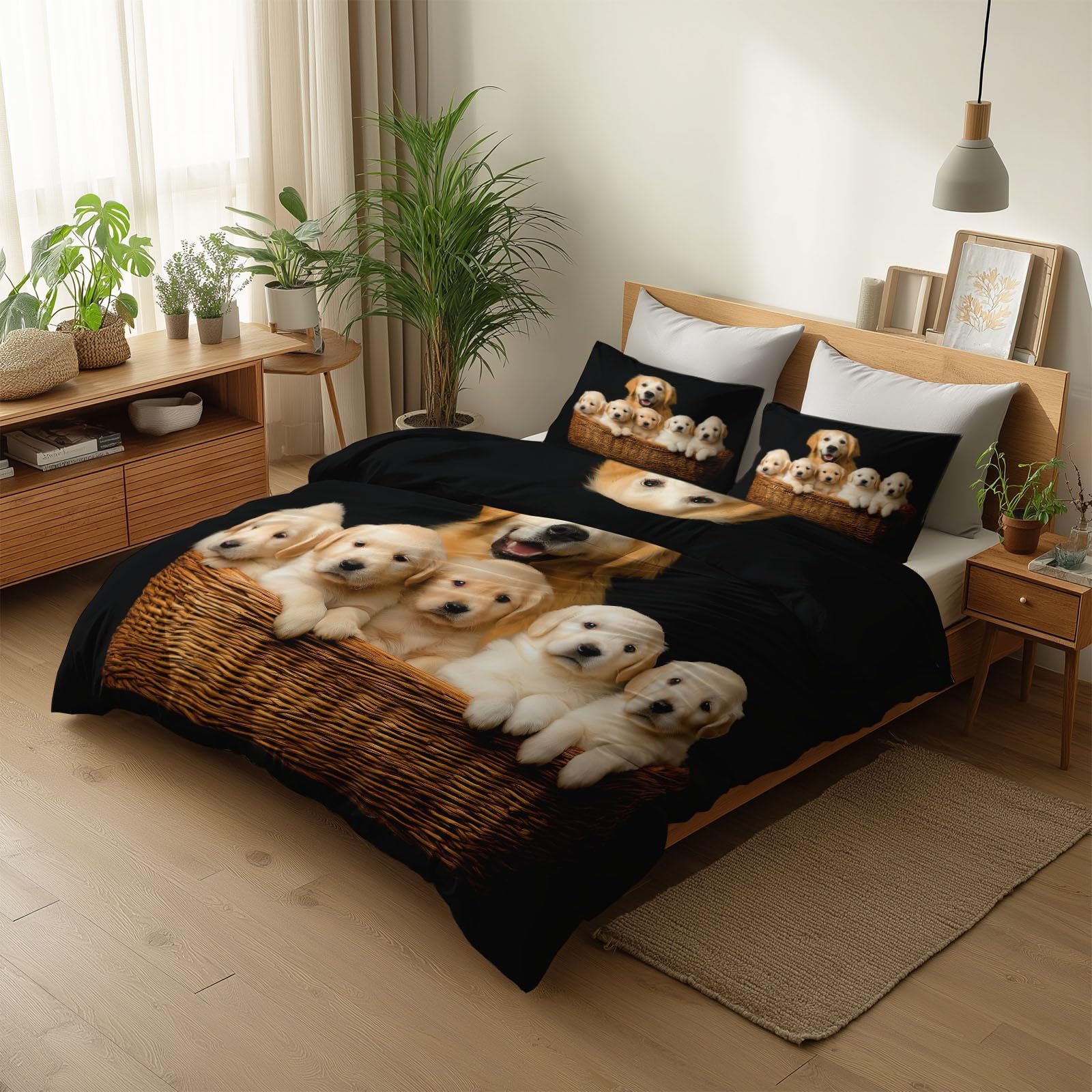 Poszwa na kołdrę Łóżko 105 Zwierząt Rodzina Golden Retriever 200 x 200 cm Miękki zestaw pościeli, czarny zestaw poszewek z mikrofibry Edredon i 2 poszewki na poduszki, łatwa pielęgnacja